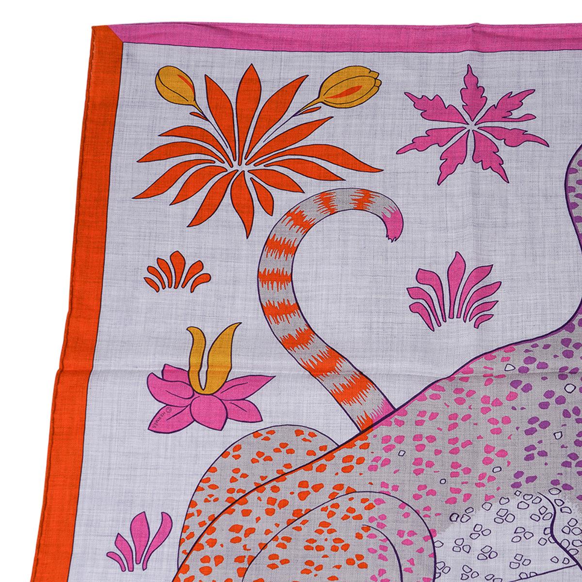 Hermes Les Leopards Gris Chine / Rose / Orange Shawl Cashmere Silk Scarf 140 4