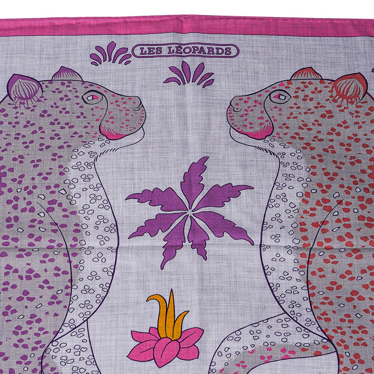 Women's Hermes Les Leopards Gris Chine / Rose / Orange Shawl Cashmere Silk Scarf 140