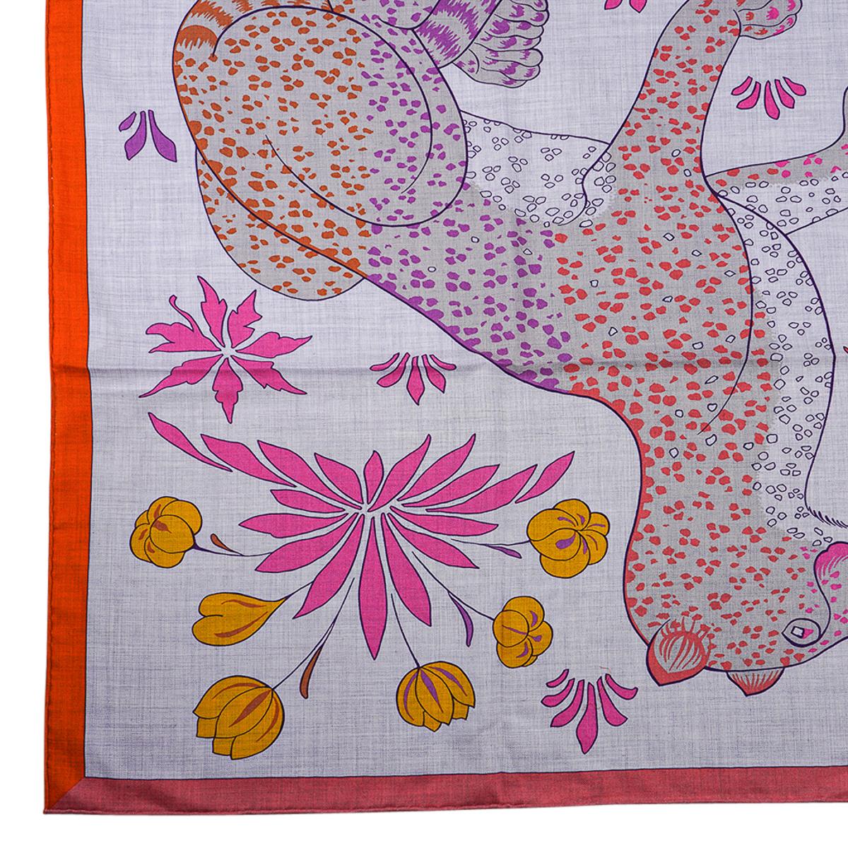 Hermes Les Leopards Gris Chine / Rose / Orange Shawl Cashmere Silk Scarf 140 1