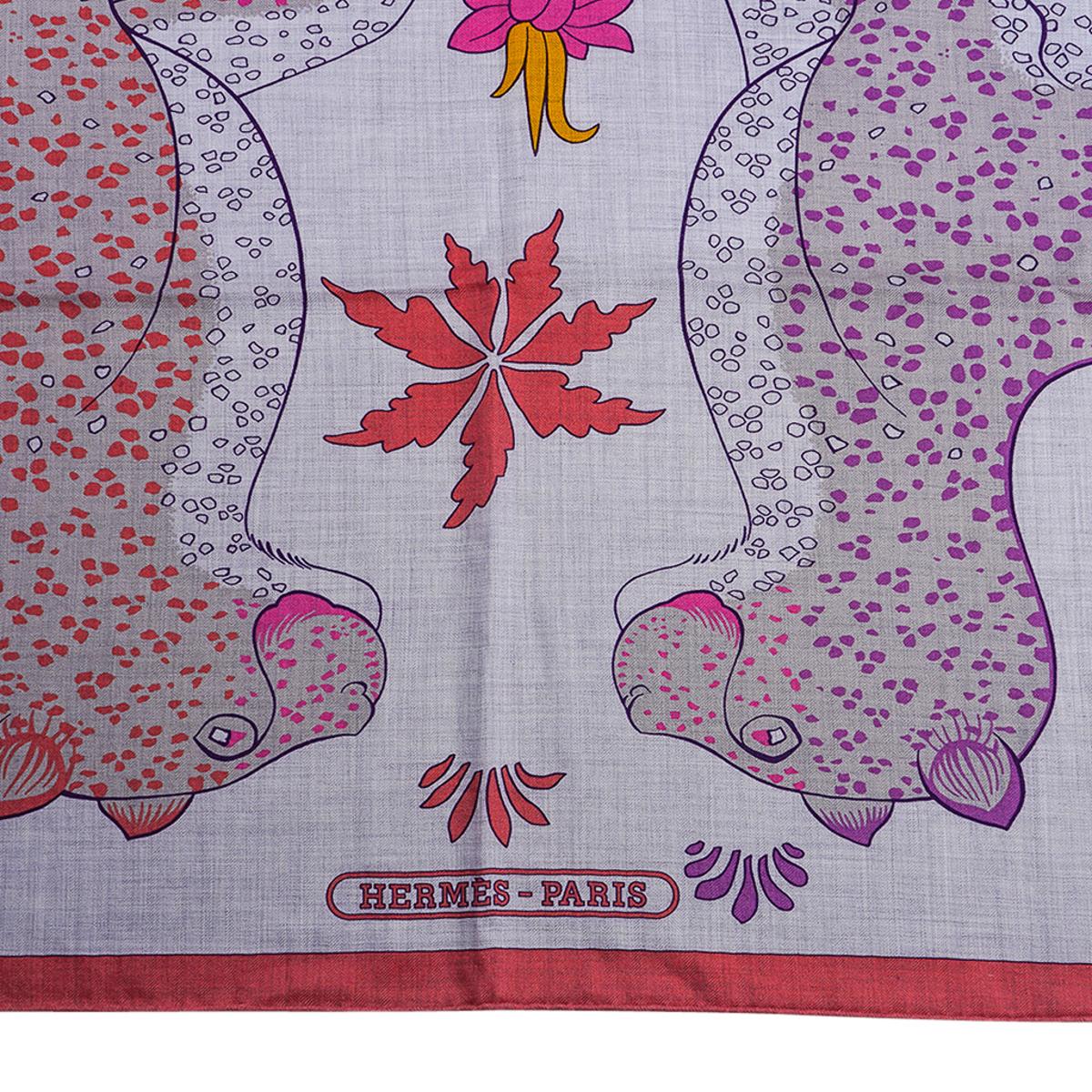 Hermes Les Leopards Gris Chine / Rose / Orange Shawl Cashmere Silk Scarf 140 2