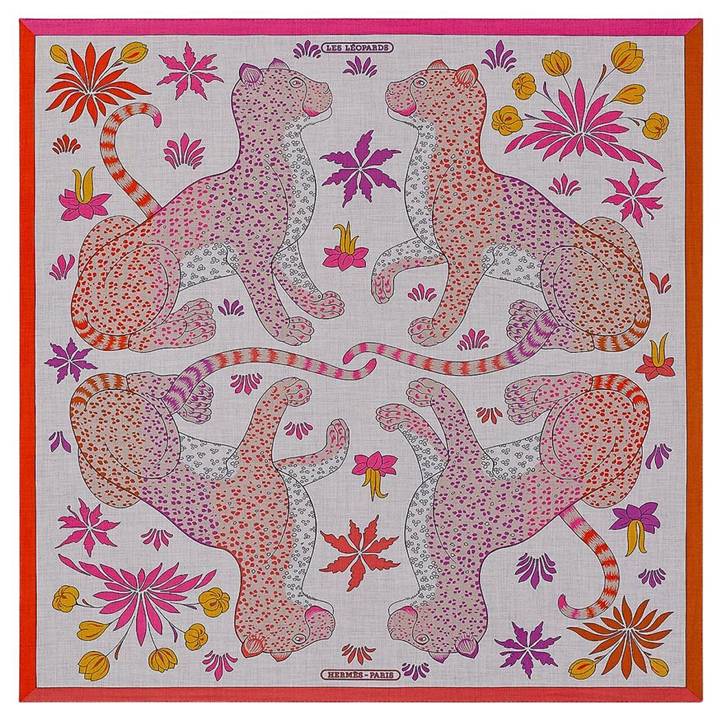 Hermes Les Leopards Gris Chine / Rose / Orange Shawl Cashmere Silk Scarf 140