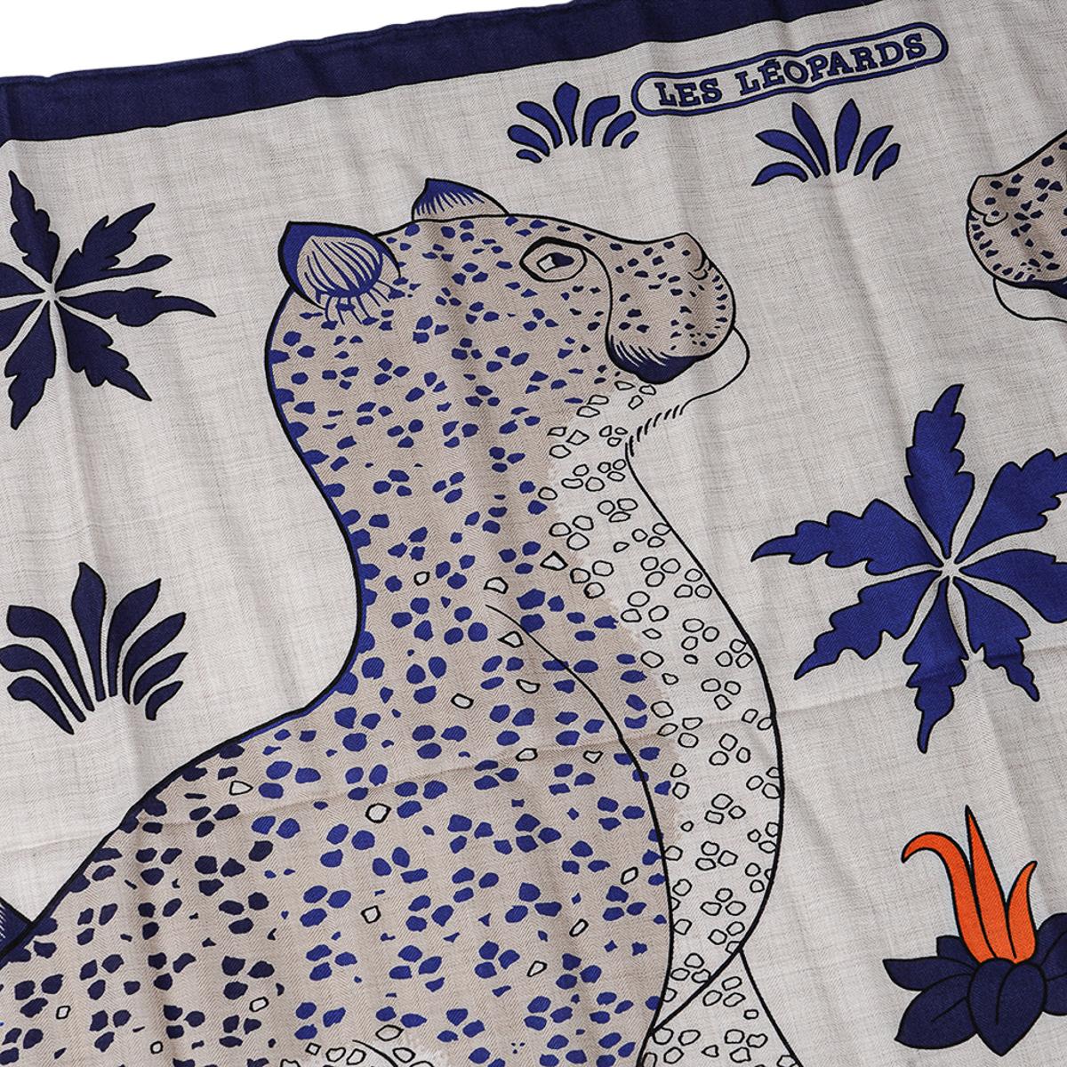 Hermes Les Leopards Natural / Bleu / Orange Shawl Cashmere Silk Scarf 140 6