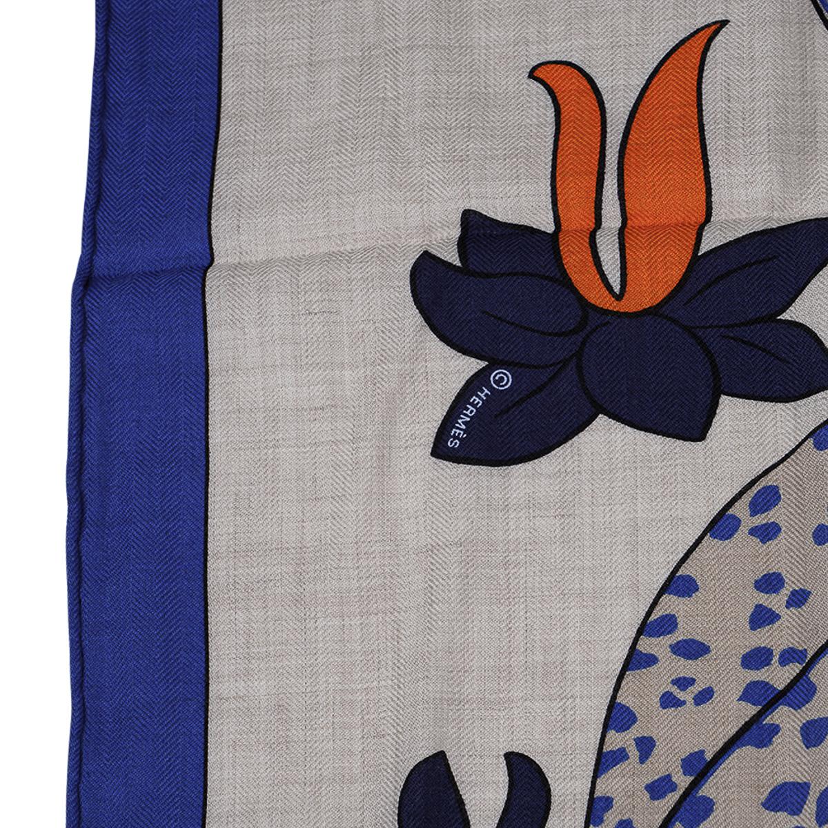 Hermes Les Leopards Natural / Bleu / Orange Shawl Cashmere Silk Scarf 140 7