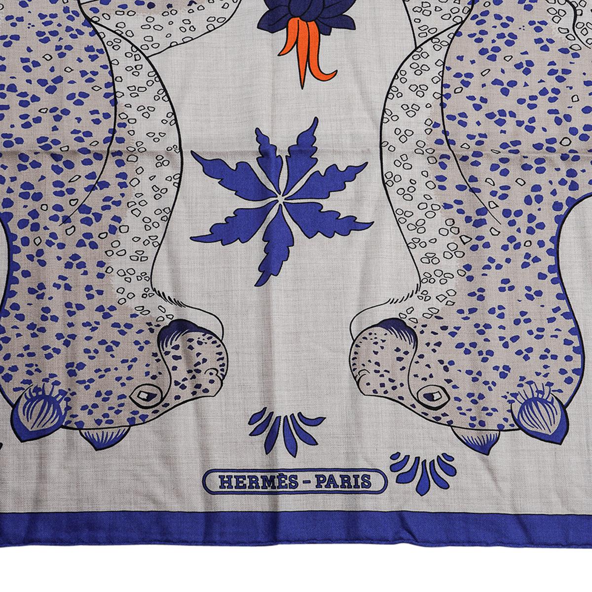 Hermes Les Leopards Natural / Bleu / Orange Shawl Cashmere Silk Scarf 140 1