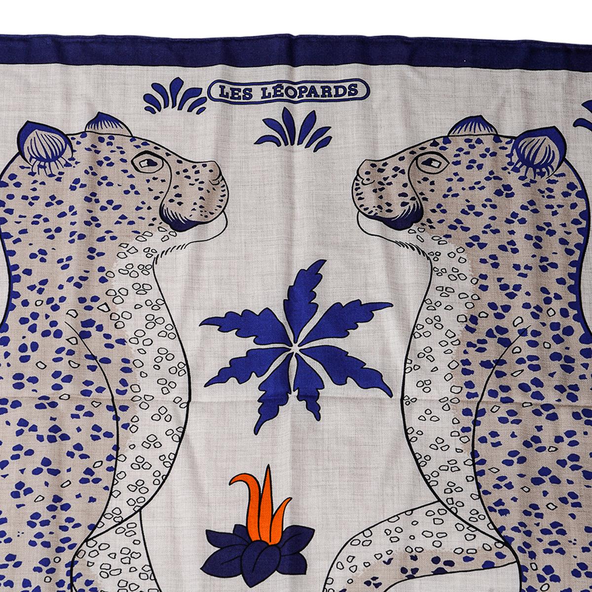 Hermes Les Leopards Natural / Bleu / Orange Shawl Cashmere Silk Scarf 140 2