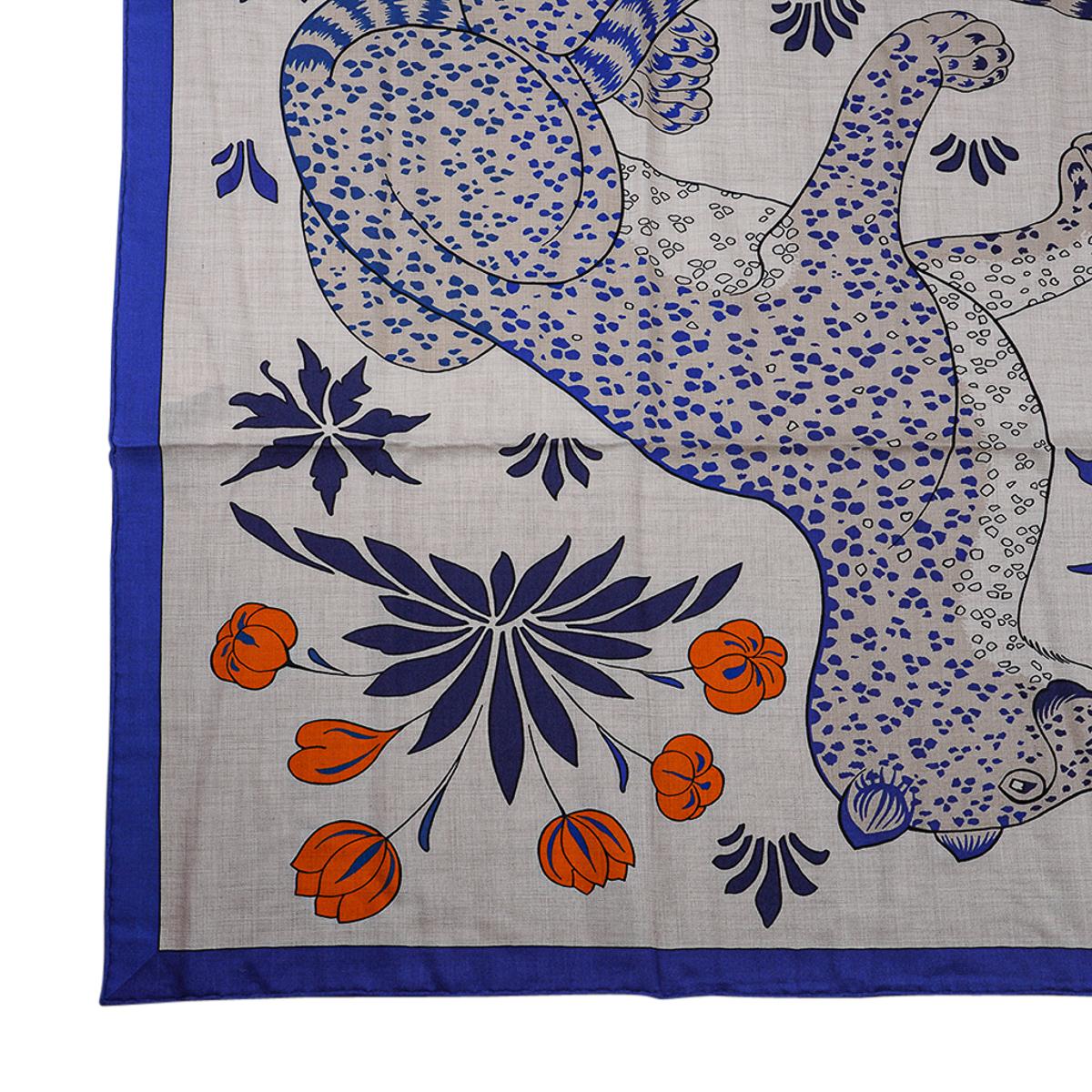 Hermes Les Leopards Natural / Bleu / Orange Shawl Cashmere Silk Scarf 140 3