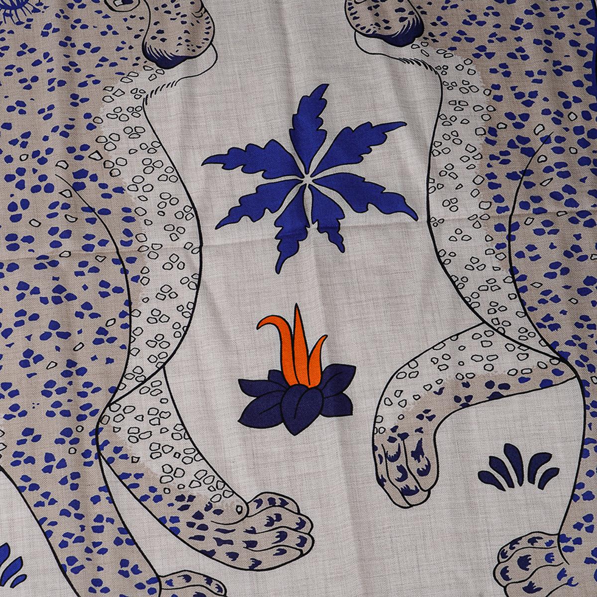 Hermes Les Leopards Natural / Bleu / Orange Shawl Cashmere Silk Scarf 140 4