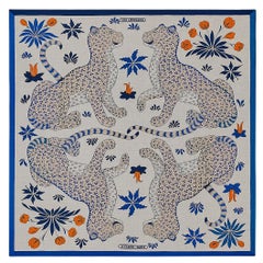 Hermes Les Leopards Natural / Bleu / Orange Shawl Cashmere Silk Scarf 140