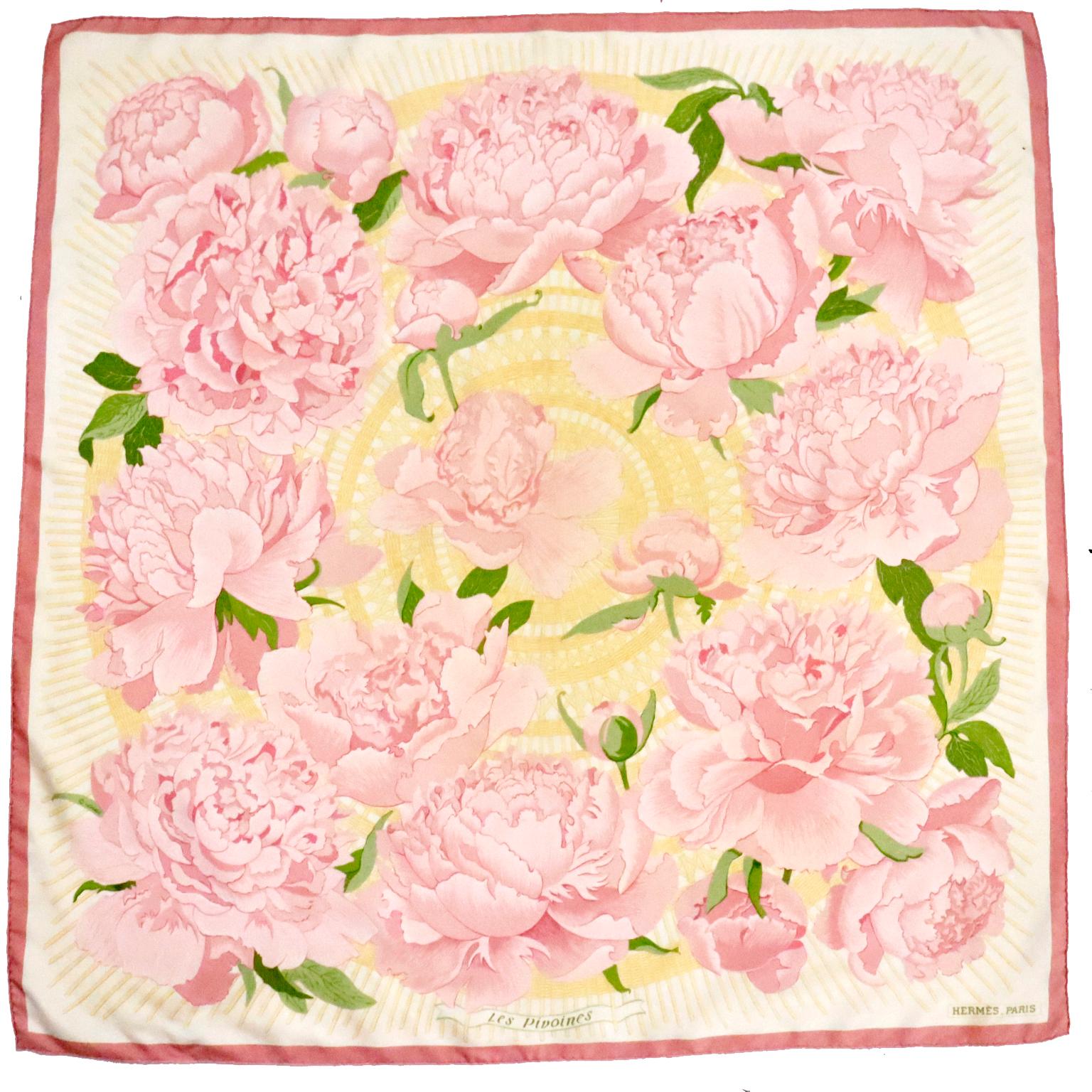 Hermes Les Pivoines Peonies Pink & Yellow Silk Floral Scarf 6