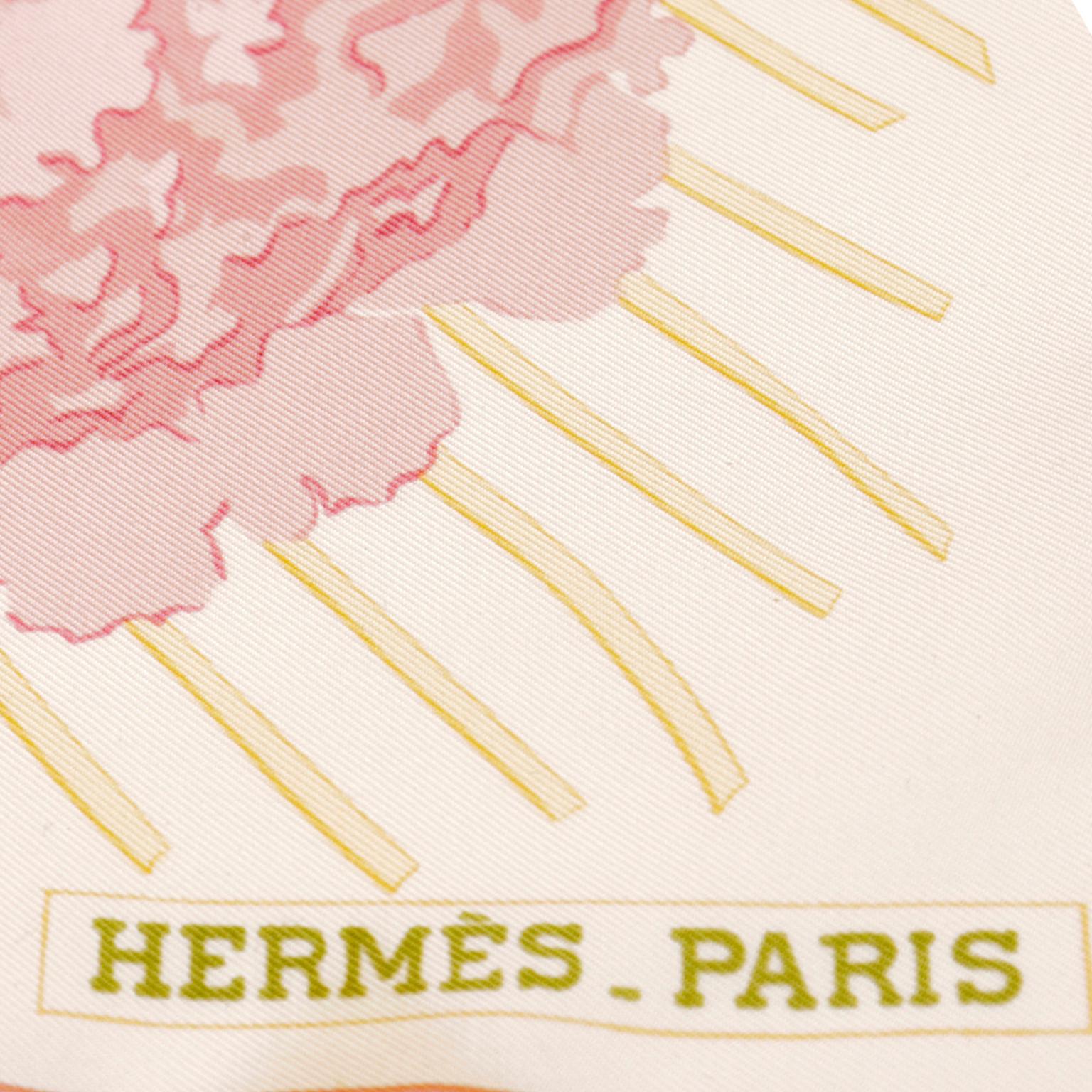 Hermes Les Pivoines Peonies Pink & Yellow Silk Floral Scarf 1