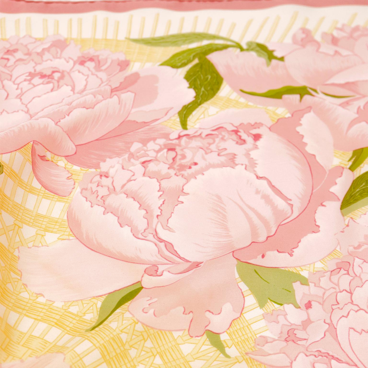 Hermes Les Pivoines Peonies Pink & Yellow Silk Floral Scarf 2