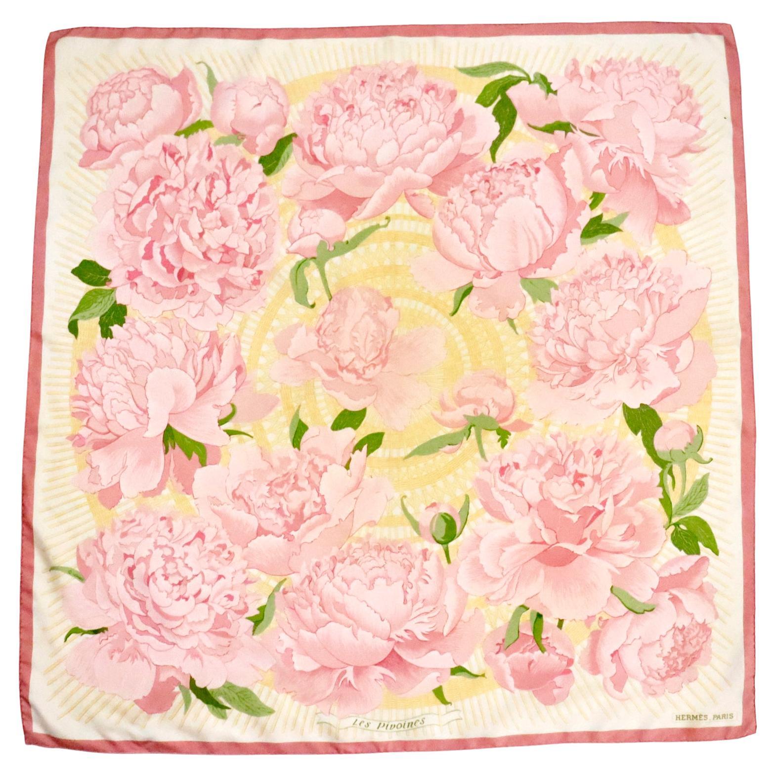 Hermes Les Pivoines Peonies Pink & Yellow Silk Floral Scarf
