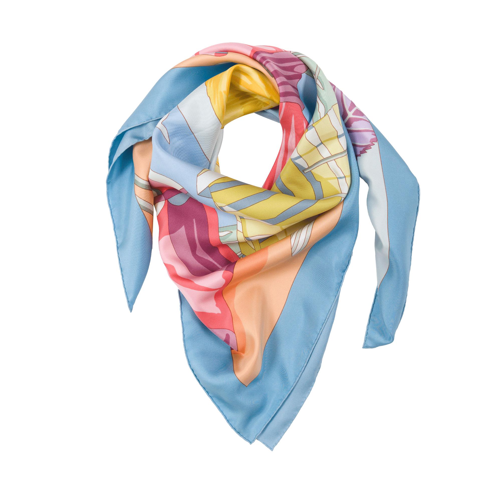 Gray Hermès Les plages Normandes II silk scarf with blue border For Sale