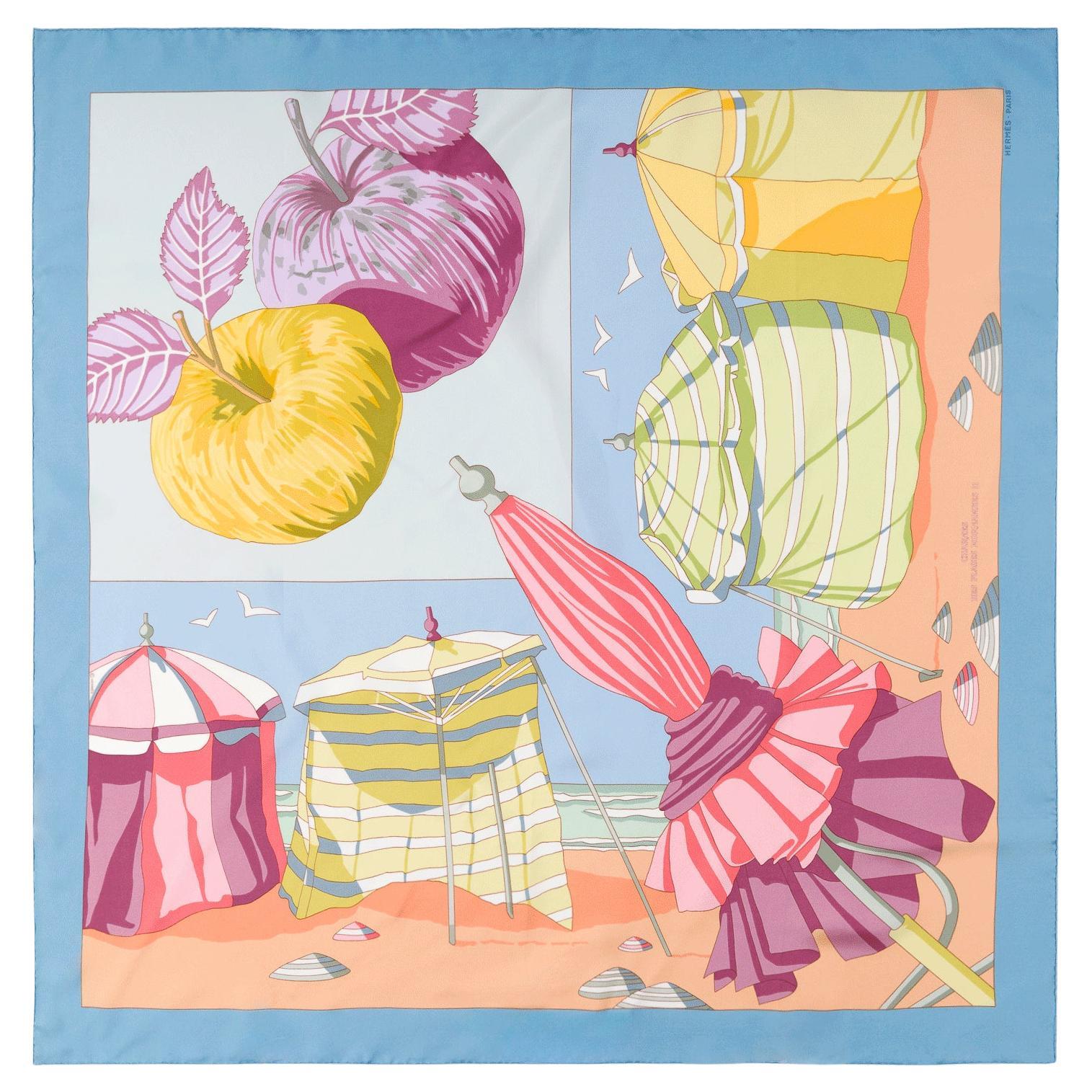 Hermès Les plages Normandes II silk scarf with blue border For Sale