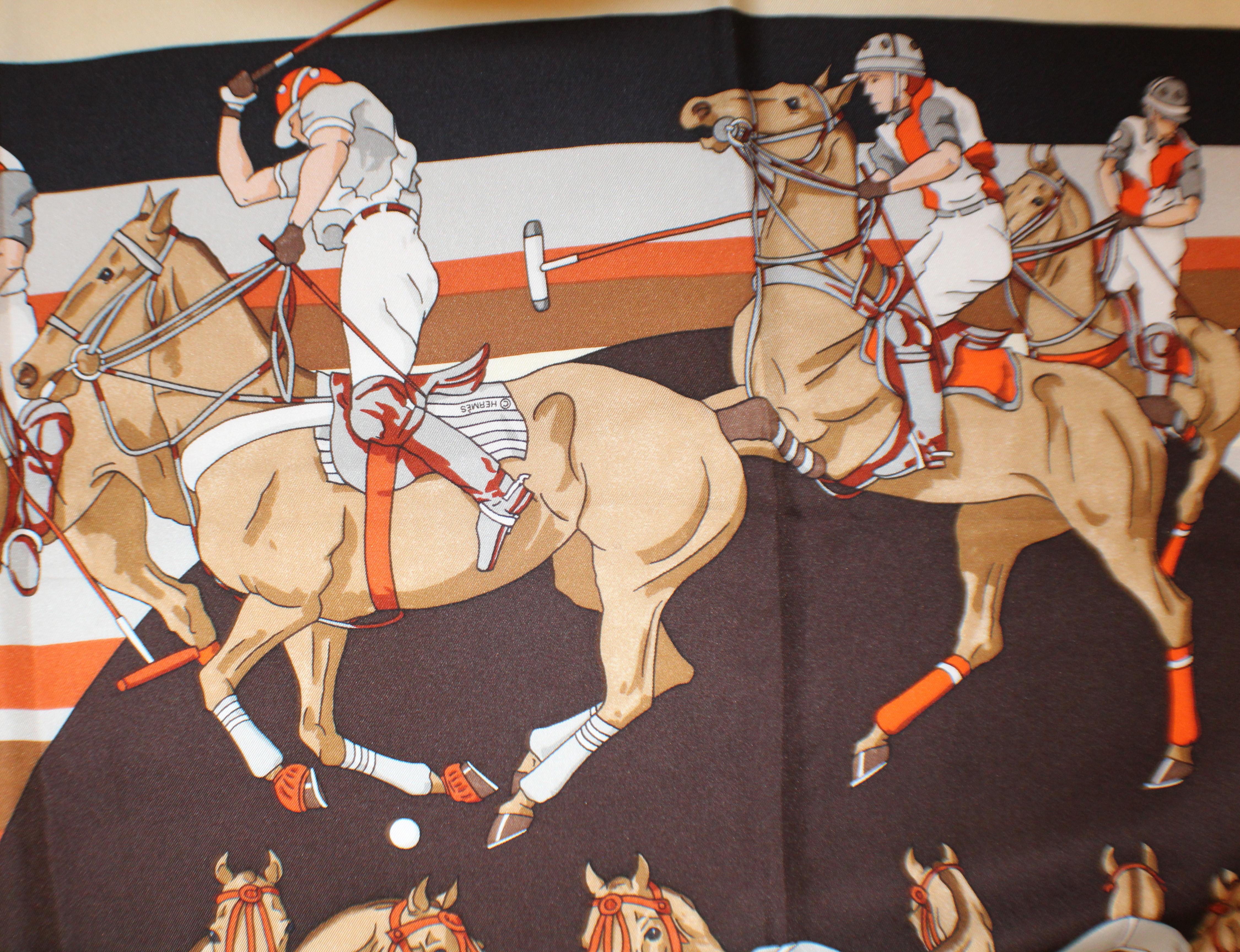 Les Poneys de Polo Artist silk carre scarf was created by Hubert de Watrigant. and issued in 2010.  For lovers of Hermes and all things Equestrian!  Polo is the Sport of Kings! Horses are depicted in such lifelike images! Hermes signature orange