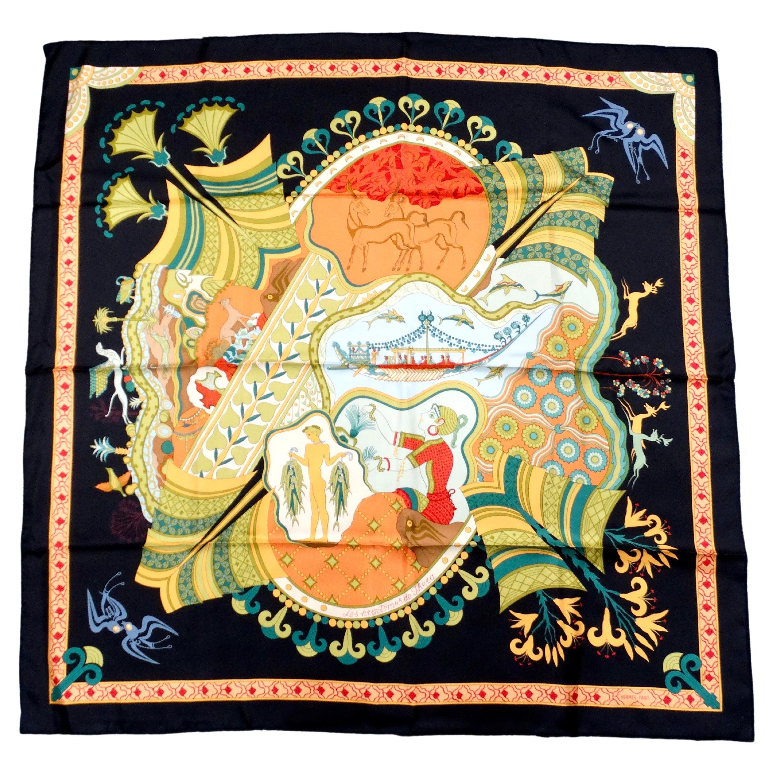 Hermes "Les Printemps de Thera" 90 cm Black Silk Printed Scarf For Sale