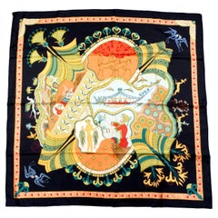 Hermes "Les Printemps de Thera" 90 cm Black Silk Printed Scarf