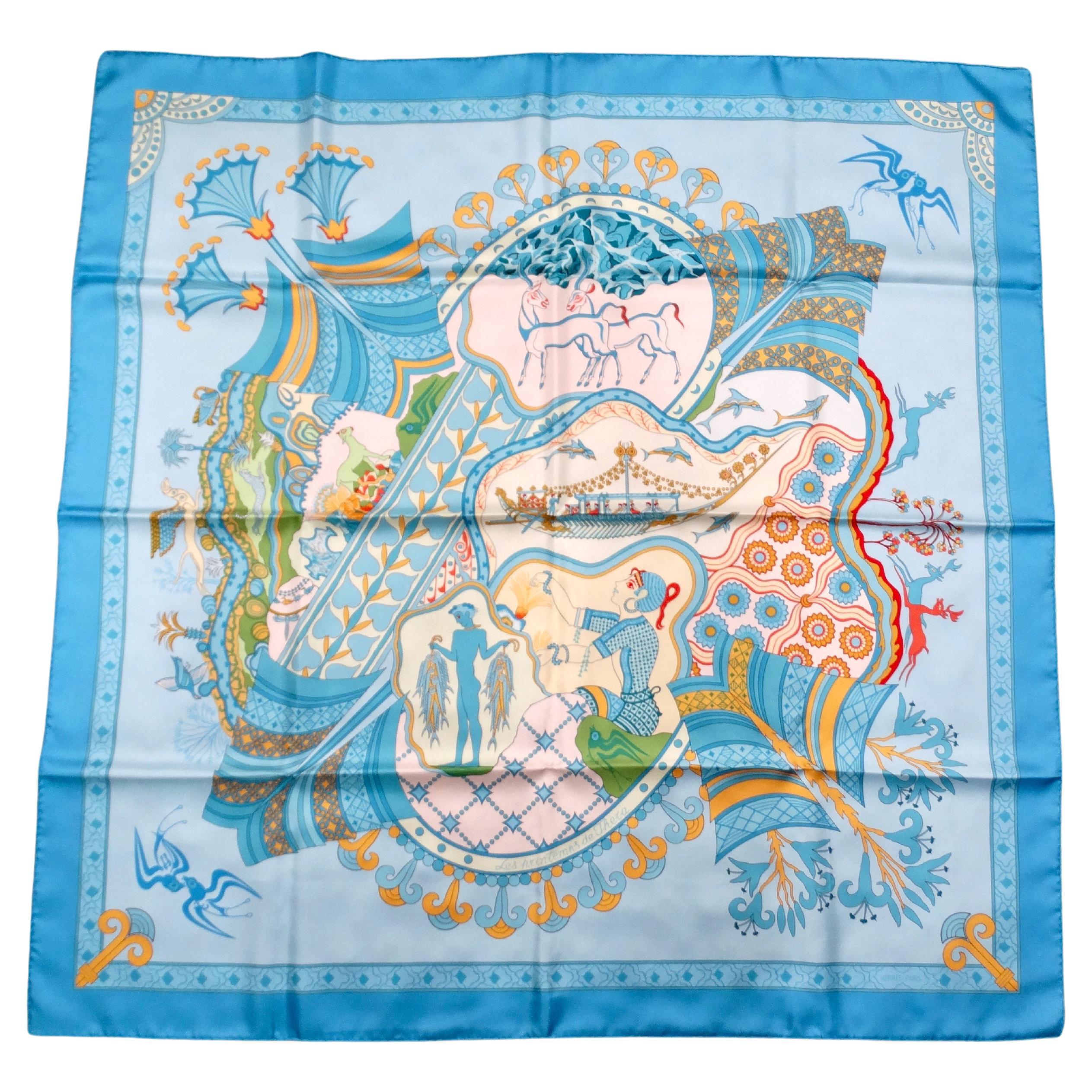 Hermes "Les Printemps de Thera" 90 cm Blue Silk Printed Scarf For Sale