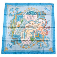 Fular Hermes "Les Printemps de Thera" 90 cm Seda Azul Estampada