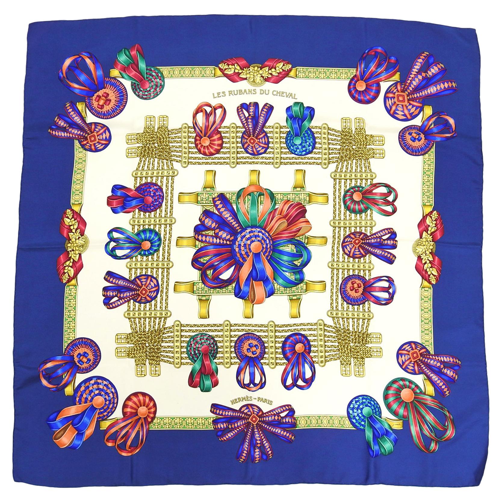 Hermes Les Rubans de Cheval Dark Blue 90cm Silk Scarf For Sale