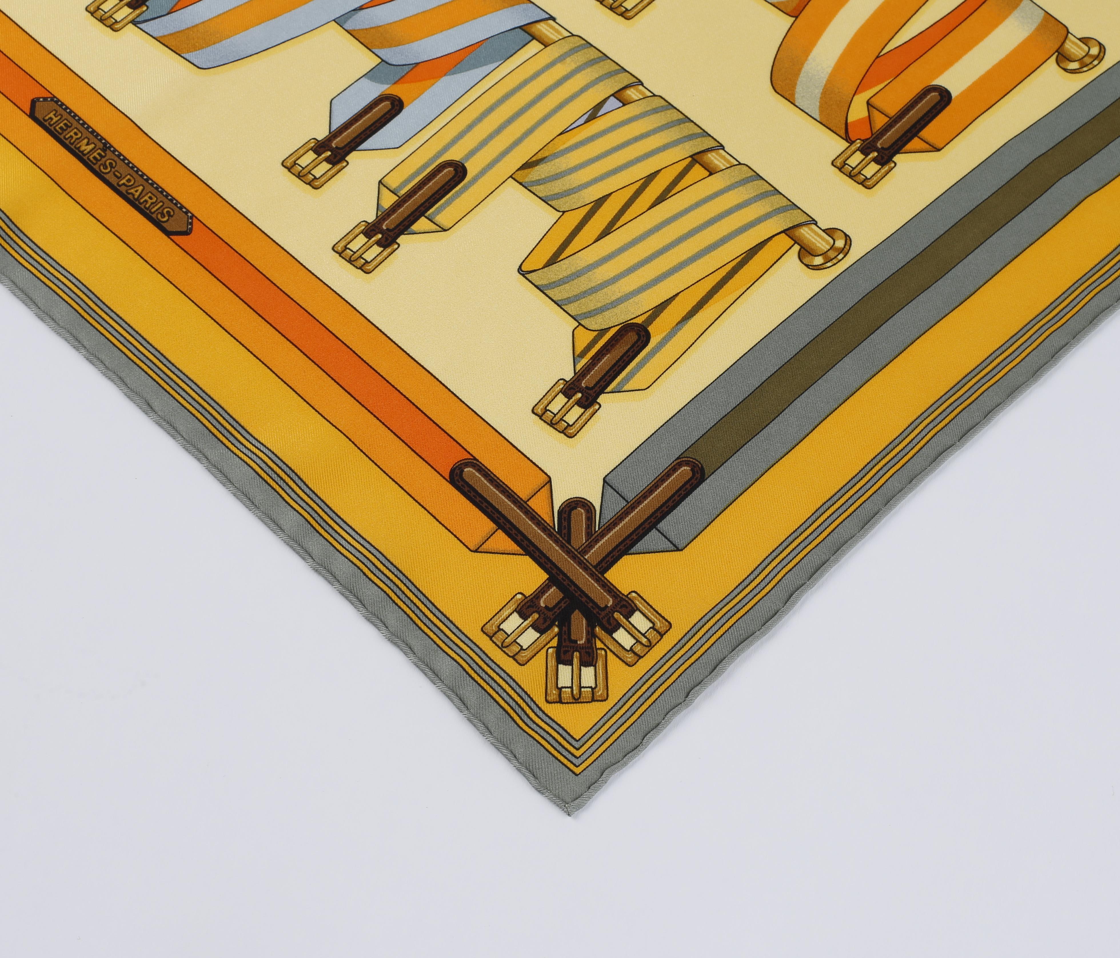 Hermès - Écharpe carrée en soie jaune imprimée de bretelles multicolores « Les Sangles » Pour femmes en vente