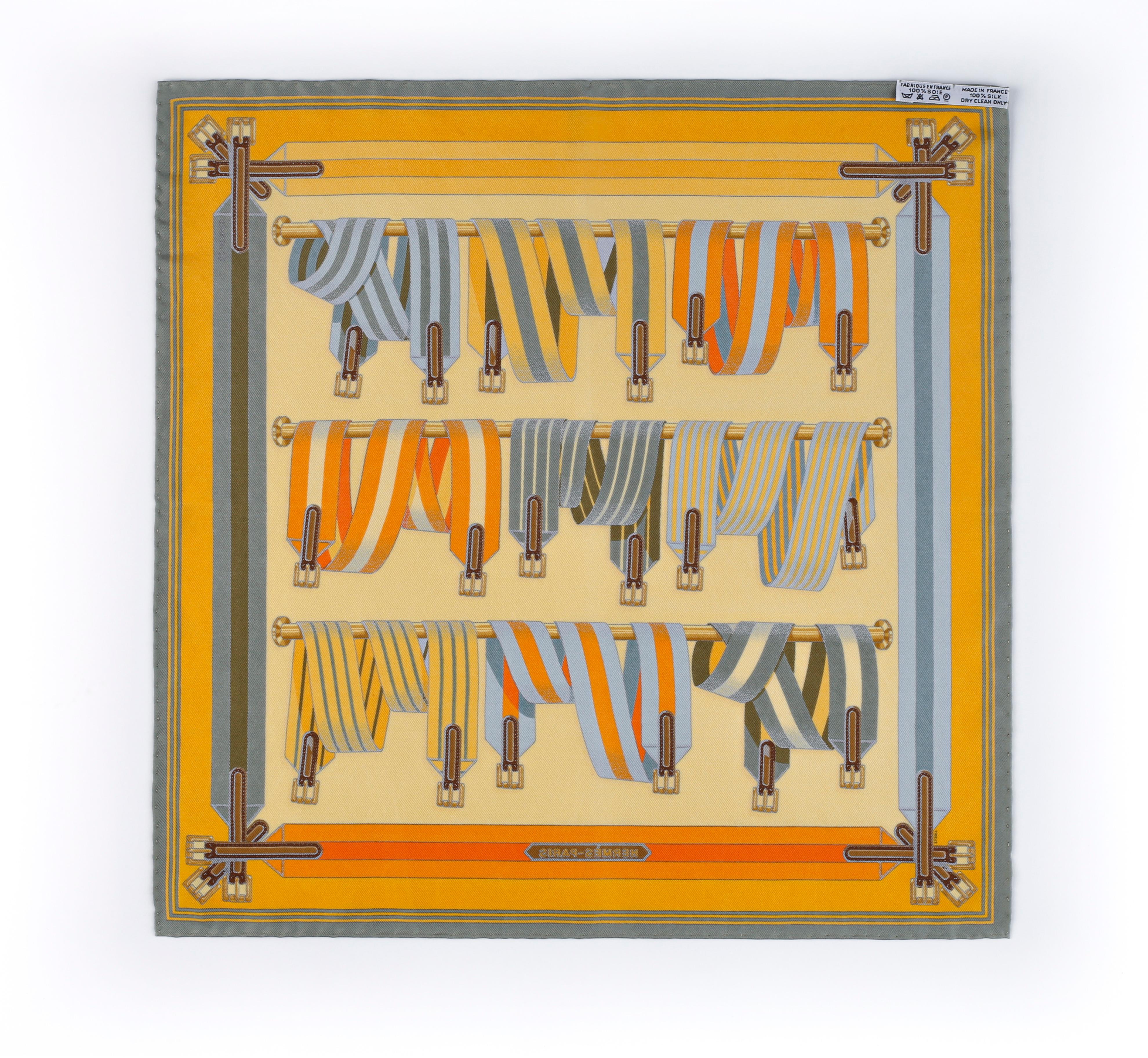 Hermès - Écharpe carrée en soie jaune imprimée de bretelles multicolores « Les Sangles » en vente 1