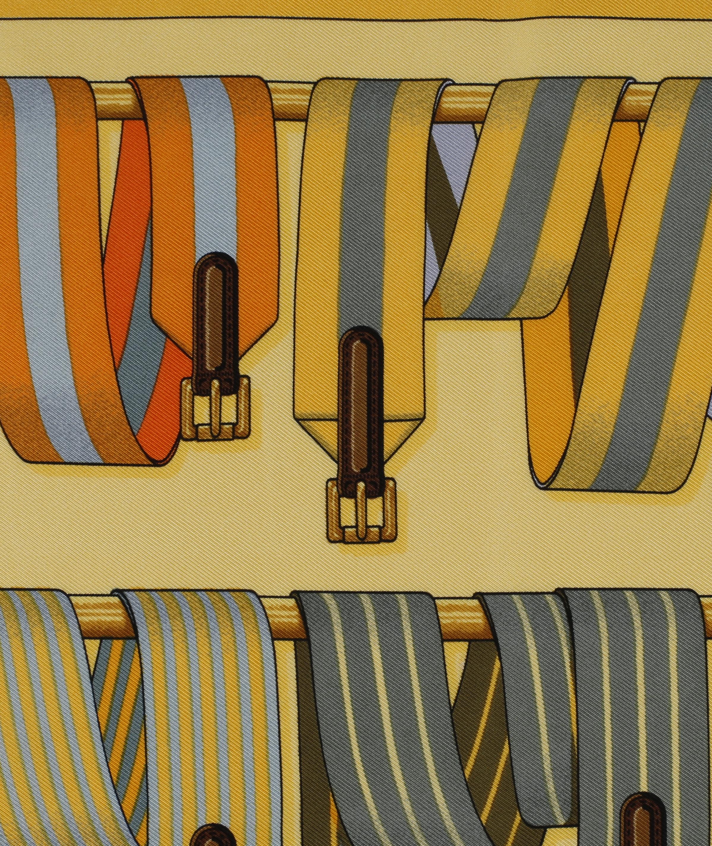 Hermès - Écharpe carrée en soie jaune imprimée de bretelles multicolores « Les Sangles » en vente 3