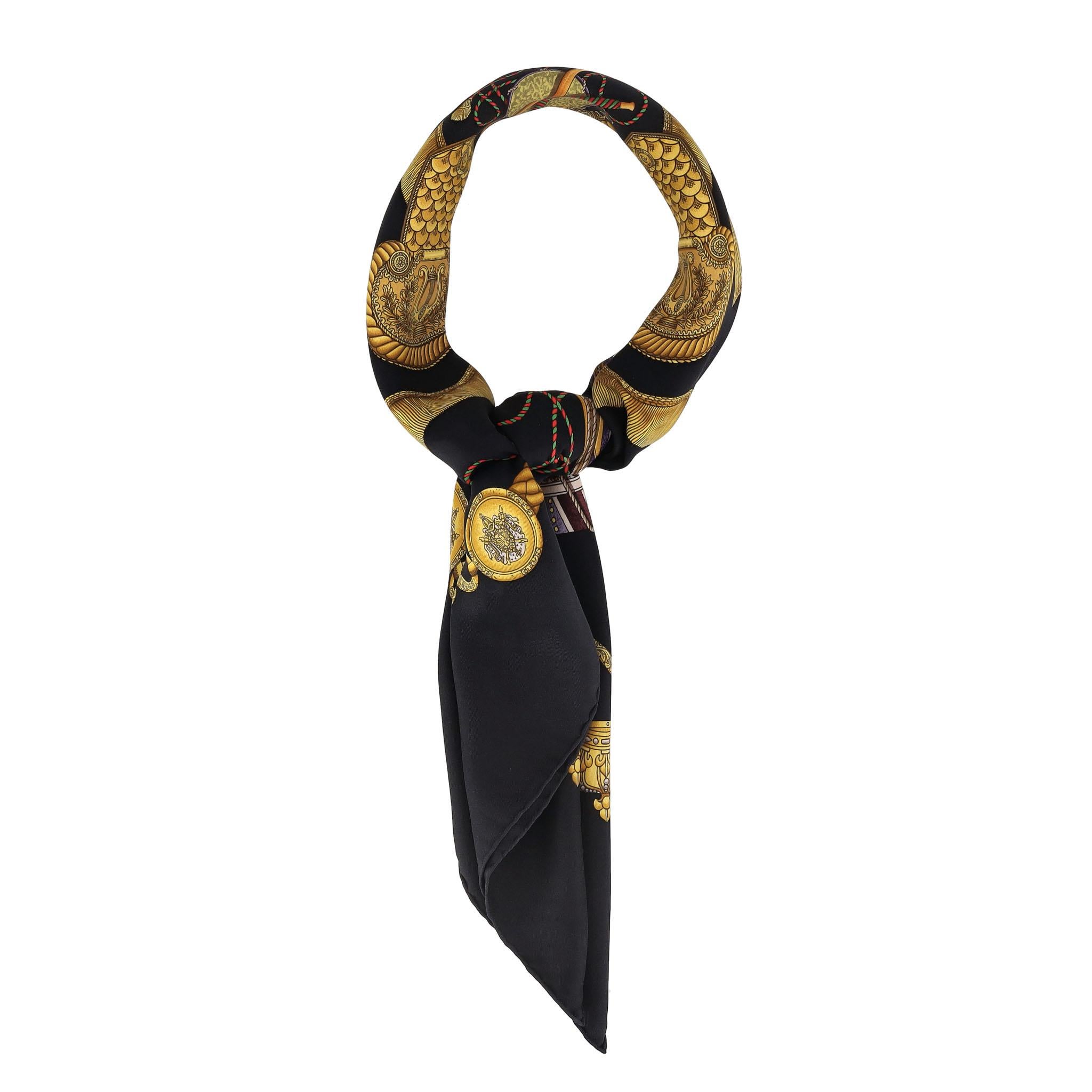 Black Hermes Les Tambours Carre Silk Scarf For Sale