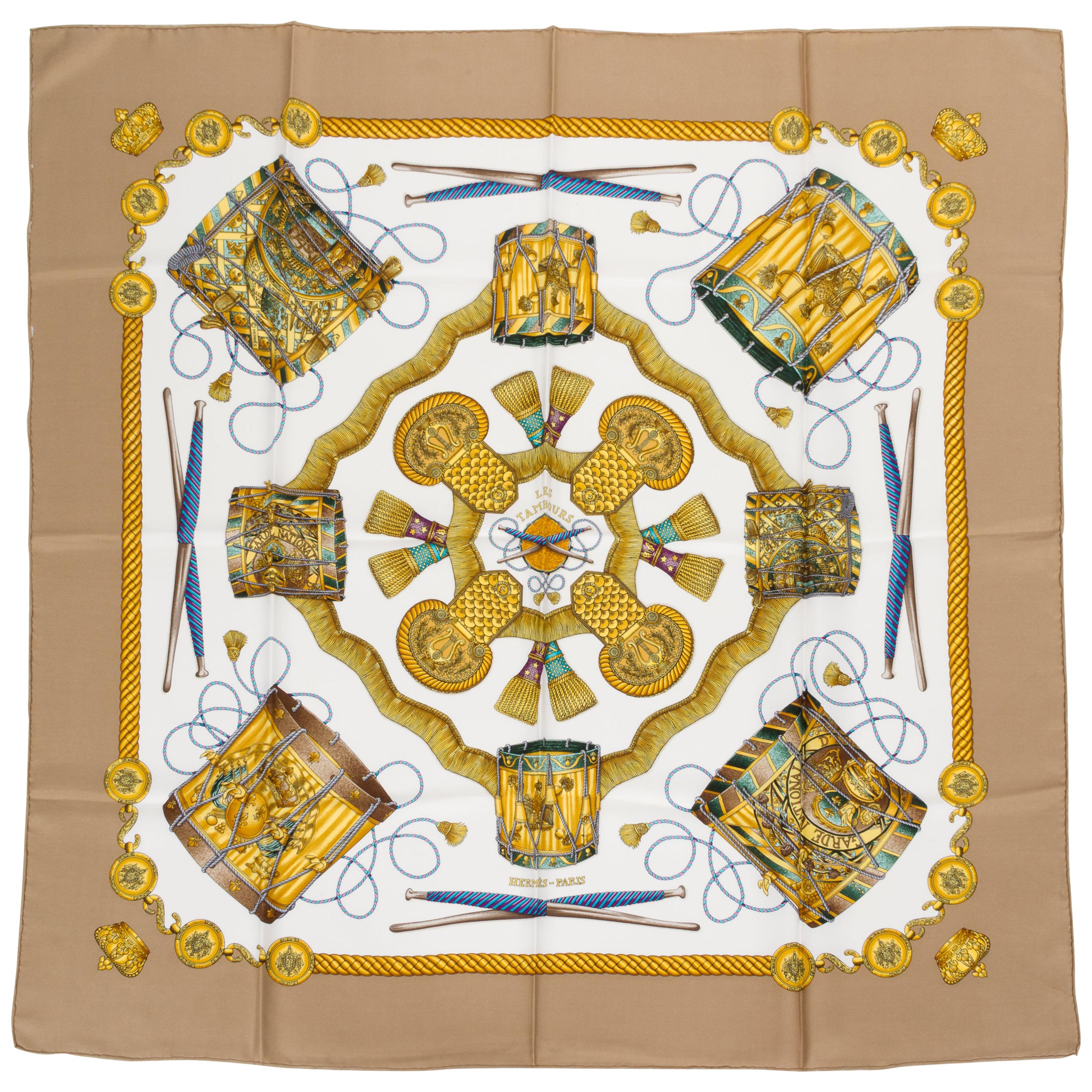Hermes "Les Tambours" Etoupe Silk Scarf For Sale