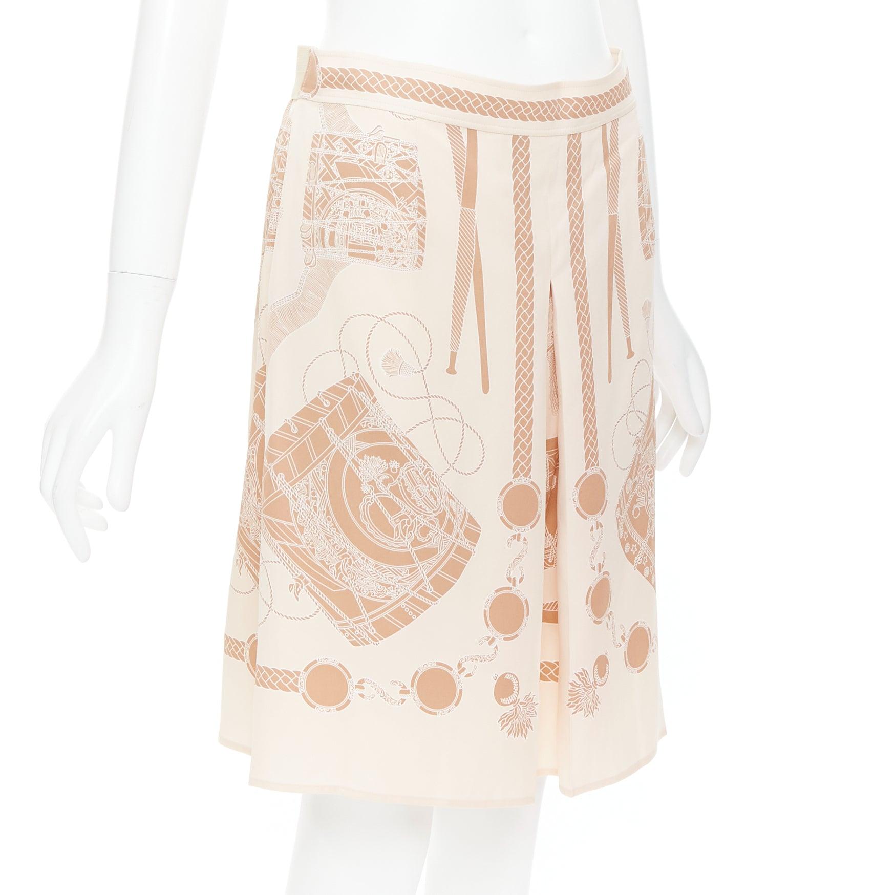 White HERMES Les Tambours Finesse 100% silk printed box pleat skirt FR38 M For Sale