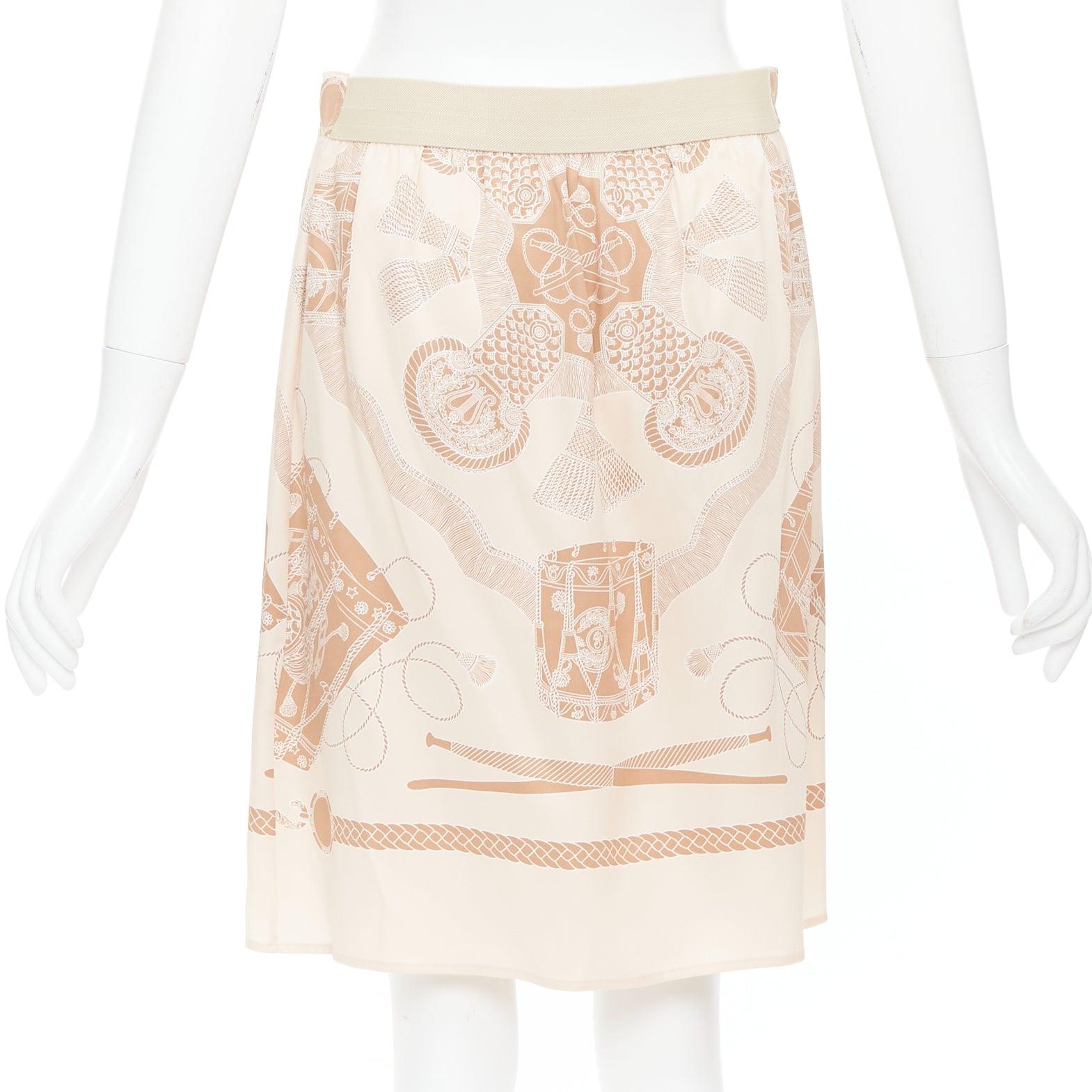 Women's HERMES Les Tambours Finesse 100% silk printed box pleat skirt FR38 M For Sale