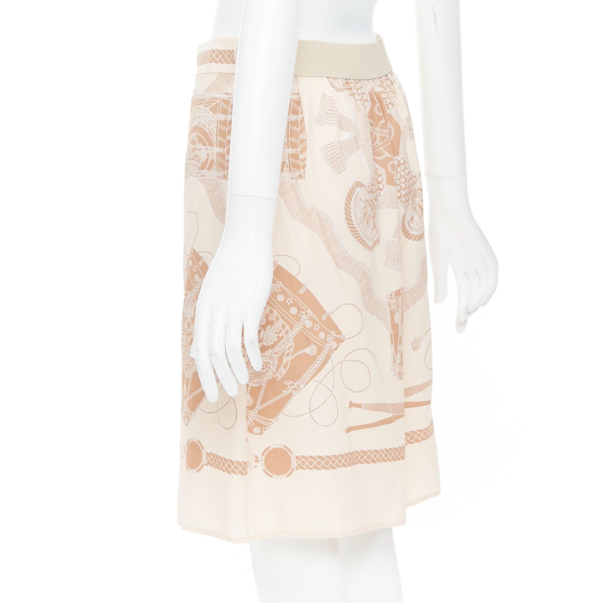 HERMES Les Tambours Finesse 100% silk printed box pleat skirt FR38 M For Sale 1
