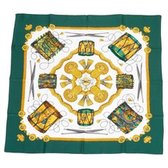 Hermès "Les Tambours" Green Silk Scarf
