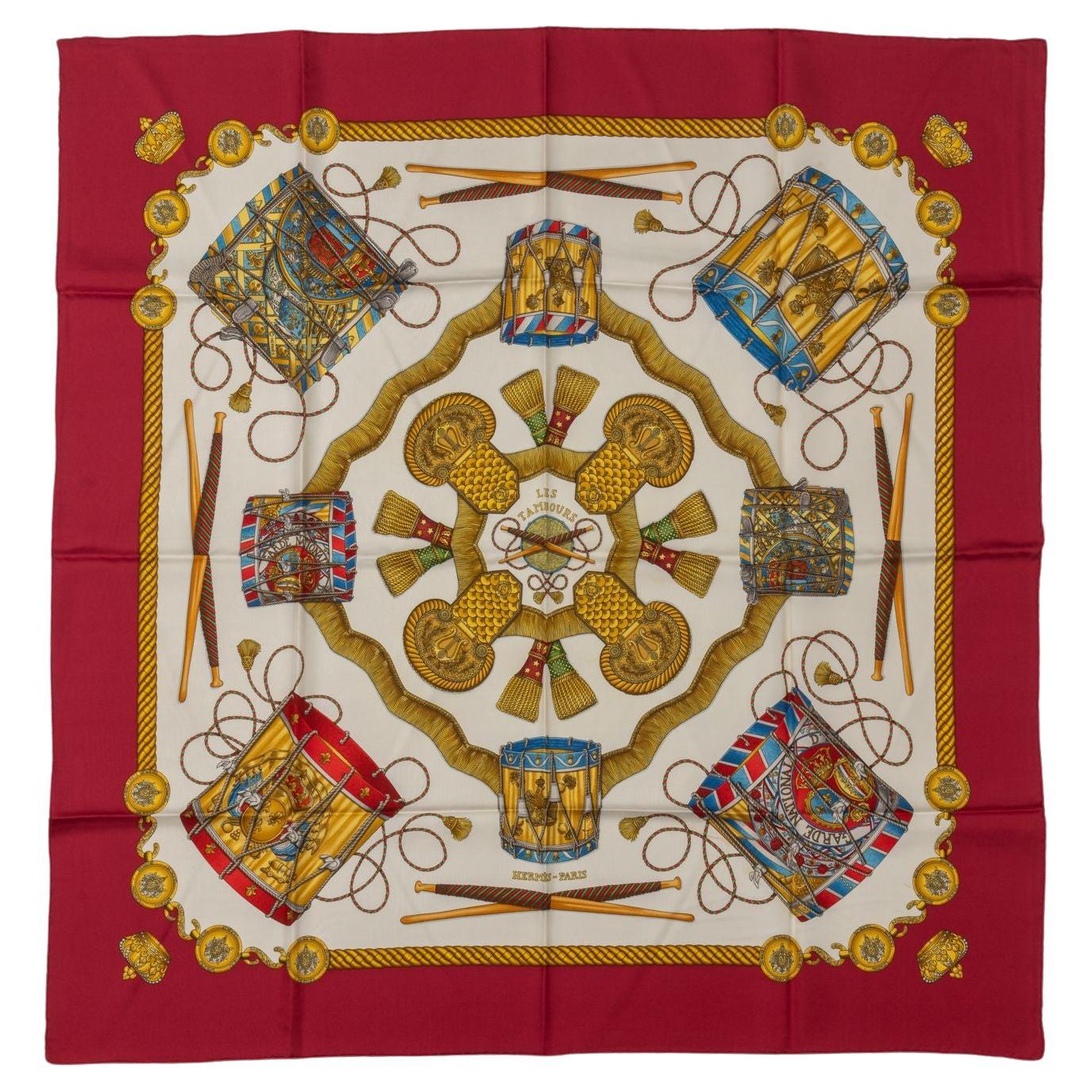 Hermès Les Tambours Red Silk Scarf For Sale