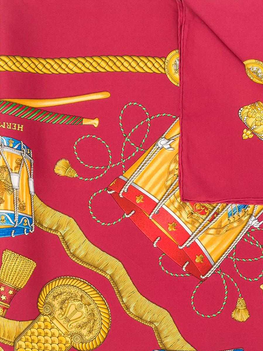 Red Hermès 'Les Tambours' Silk Print Scarf