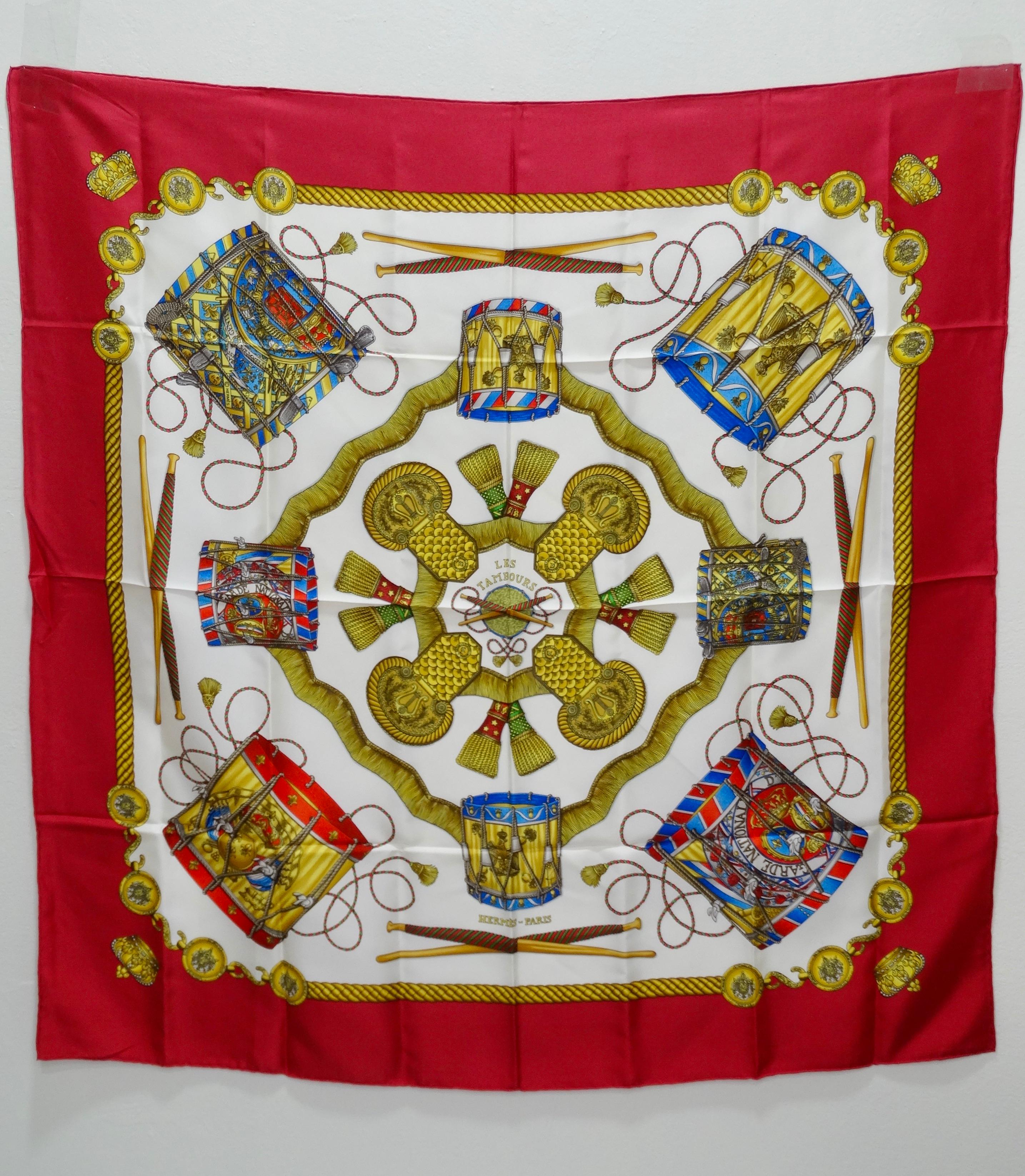 Designed by Joachim Metz in 1989, this beautiful scarf depicts drums used by the battalion drummers, who were part of the Imperial Guard under Napoleon III in the mid 18th century. This stunning scarf features hand-rolled edges and is 100% silk,