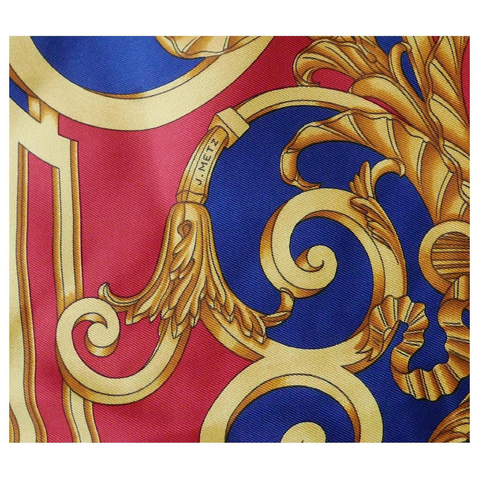 Hermes Les Tuileries Vintage Scarf Red Golden Navy w/Box For Sale 1