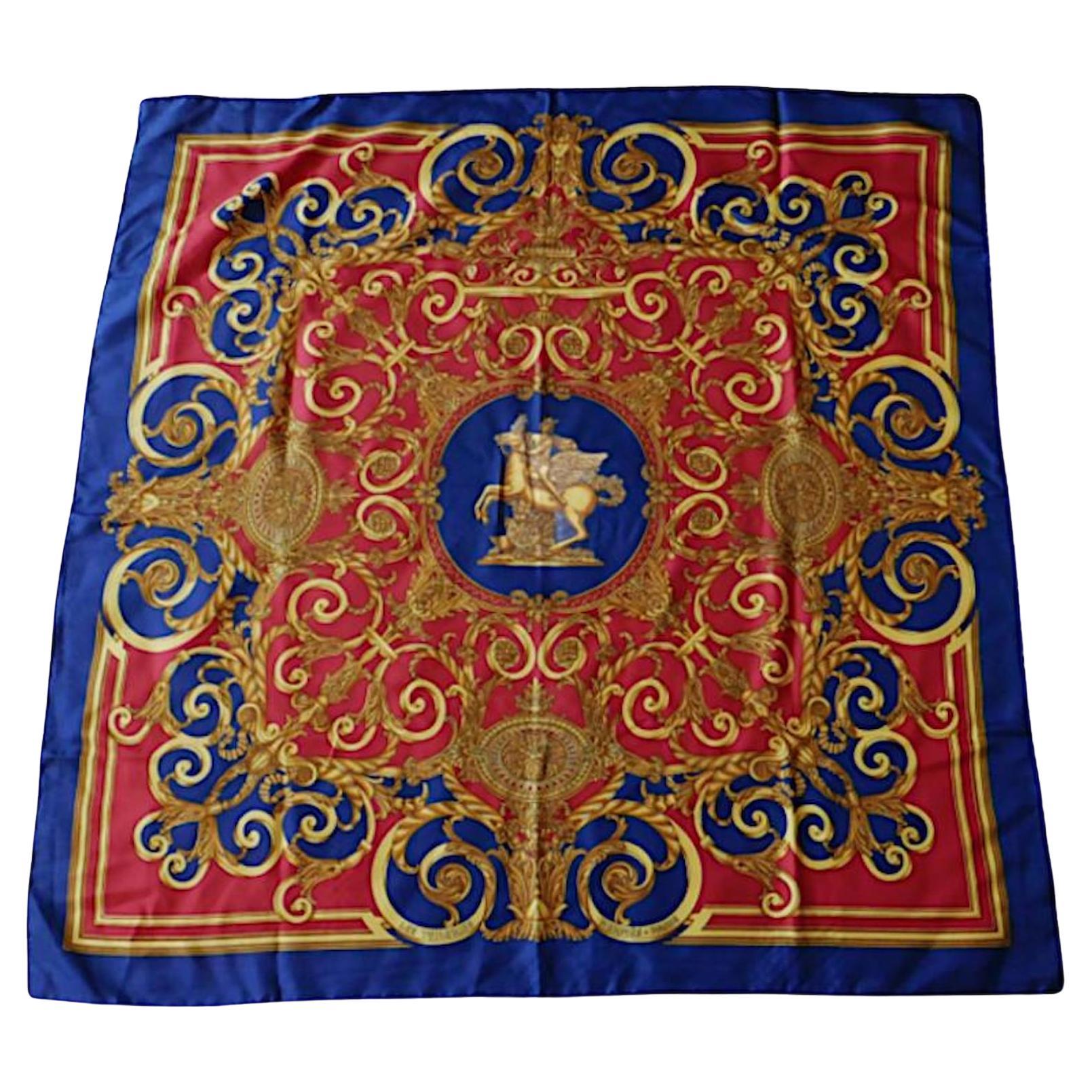 Hermes Les Tuileries Vintage Scarf Red Golden Navy w/Box For Sale