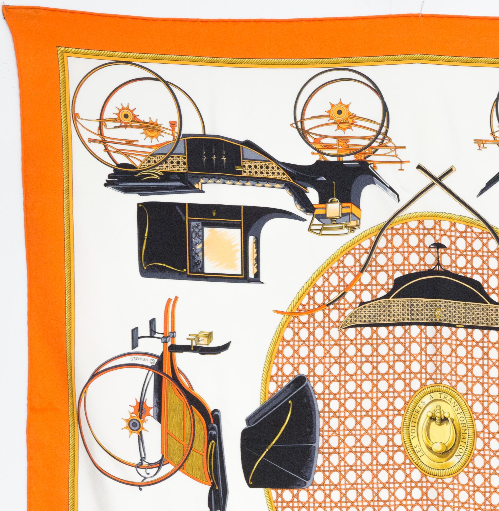 White Hermes Les Voitures A Transformation by F. de la Perriere Silk Scarf 70cm For Sale