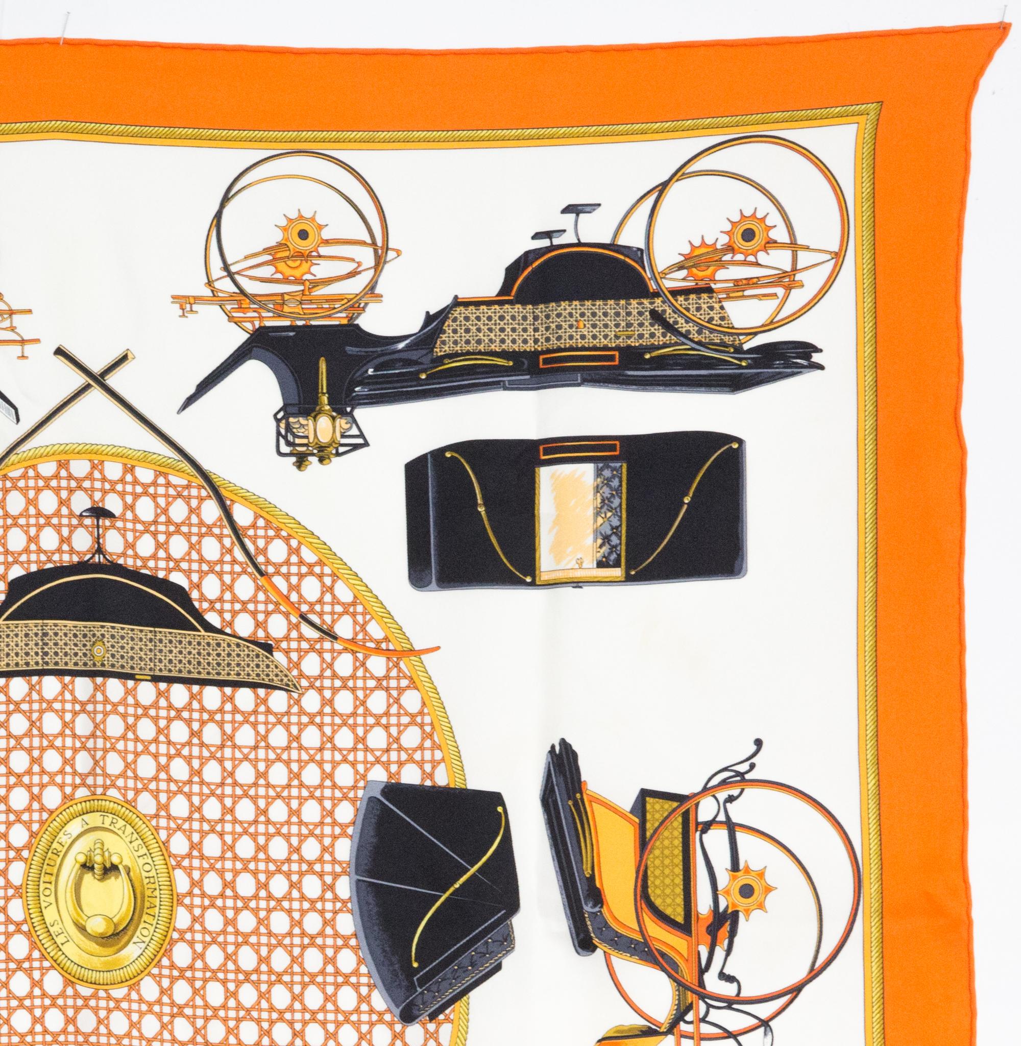 Hermes Les Voitures A Transformation by F. de la Perriere Silk Scarf 70cm In Good Condition For Sale In Paris, FR