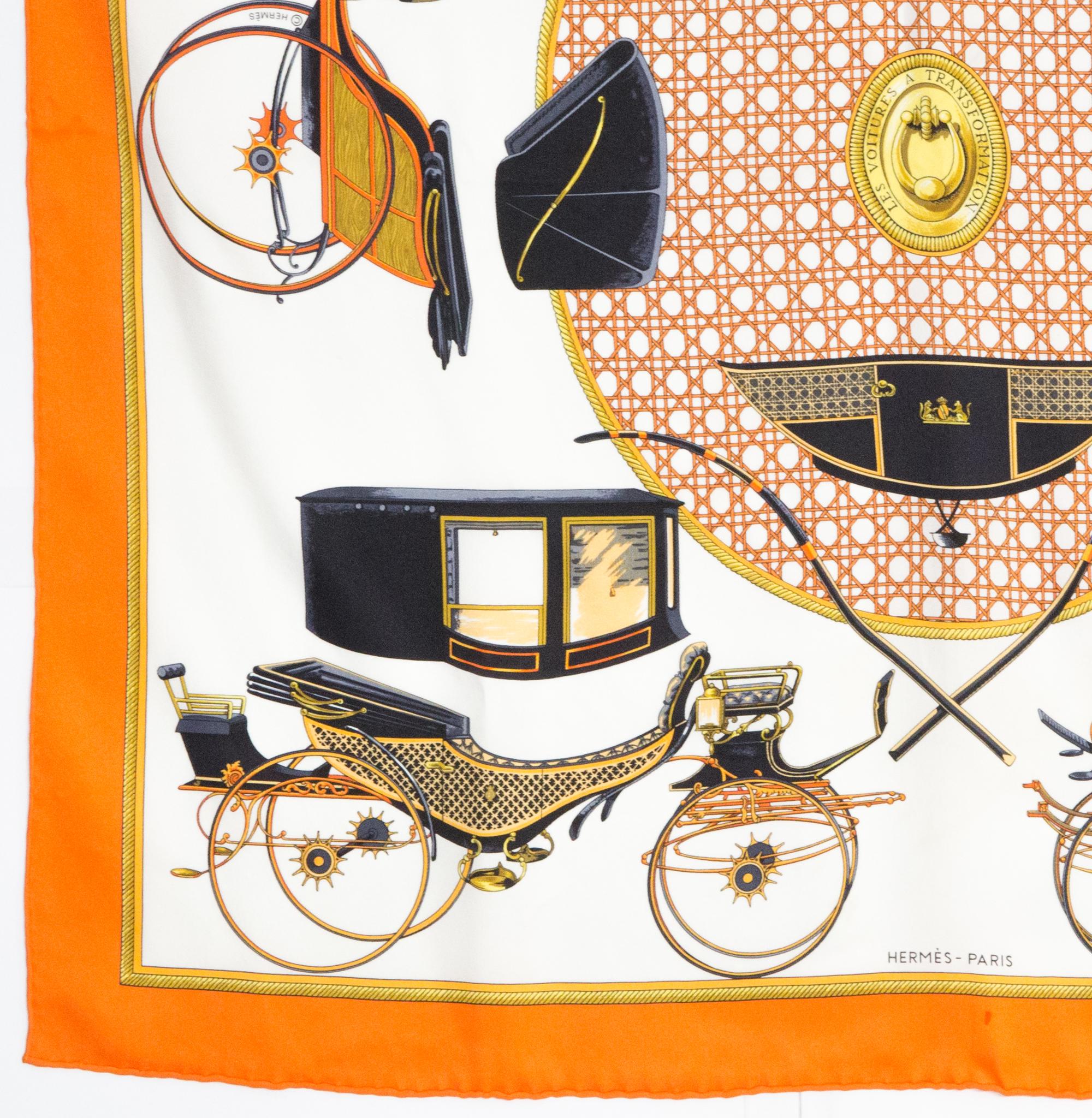 Women's or Men's Hermes Les Voitures A Transformation by F. de la Perriere Silk Scarf 70cm For Sale