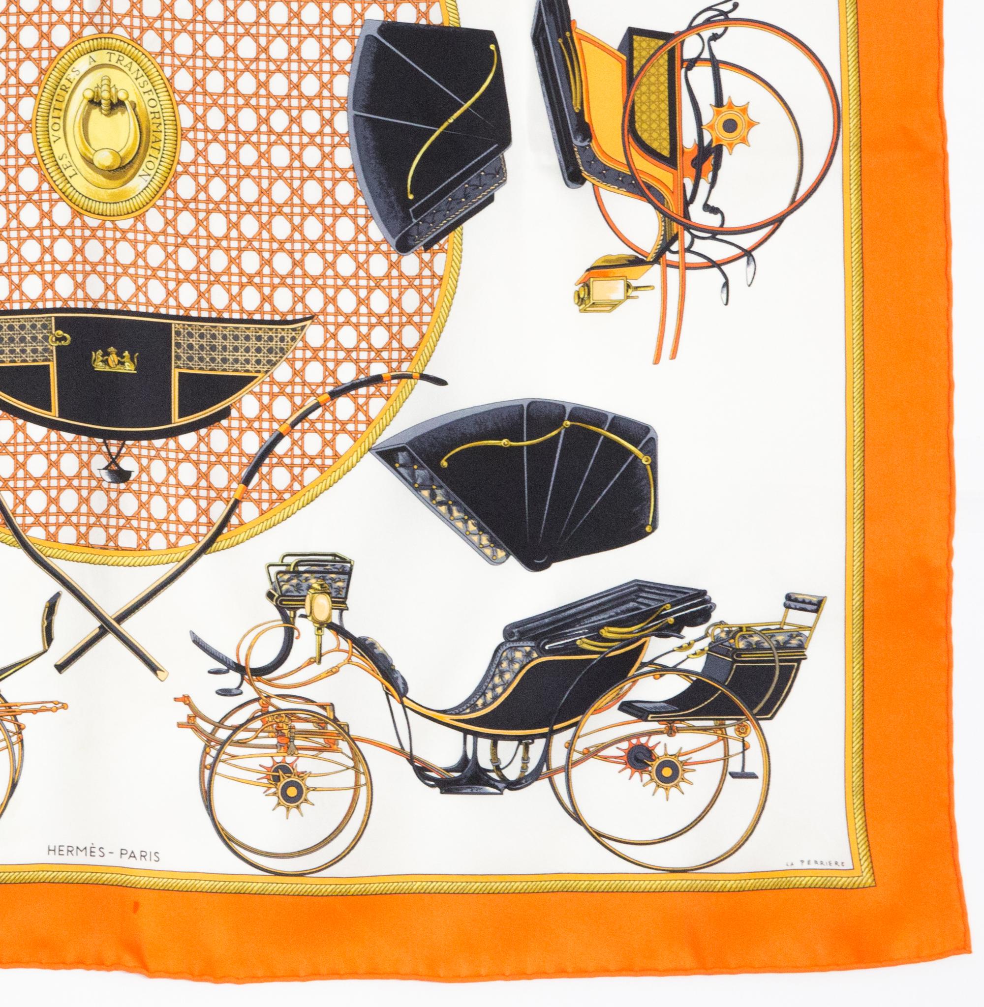 Hermes Les Voitures A Transformation by F. de la Perriere Silk Scarf 70cm For Sale 1