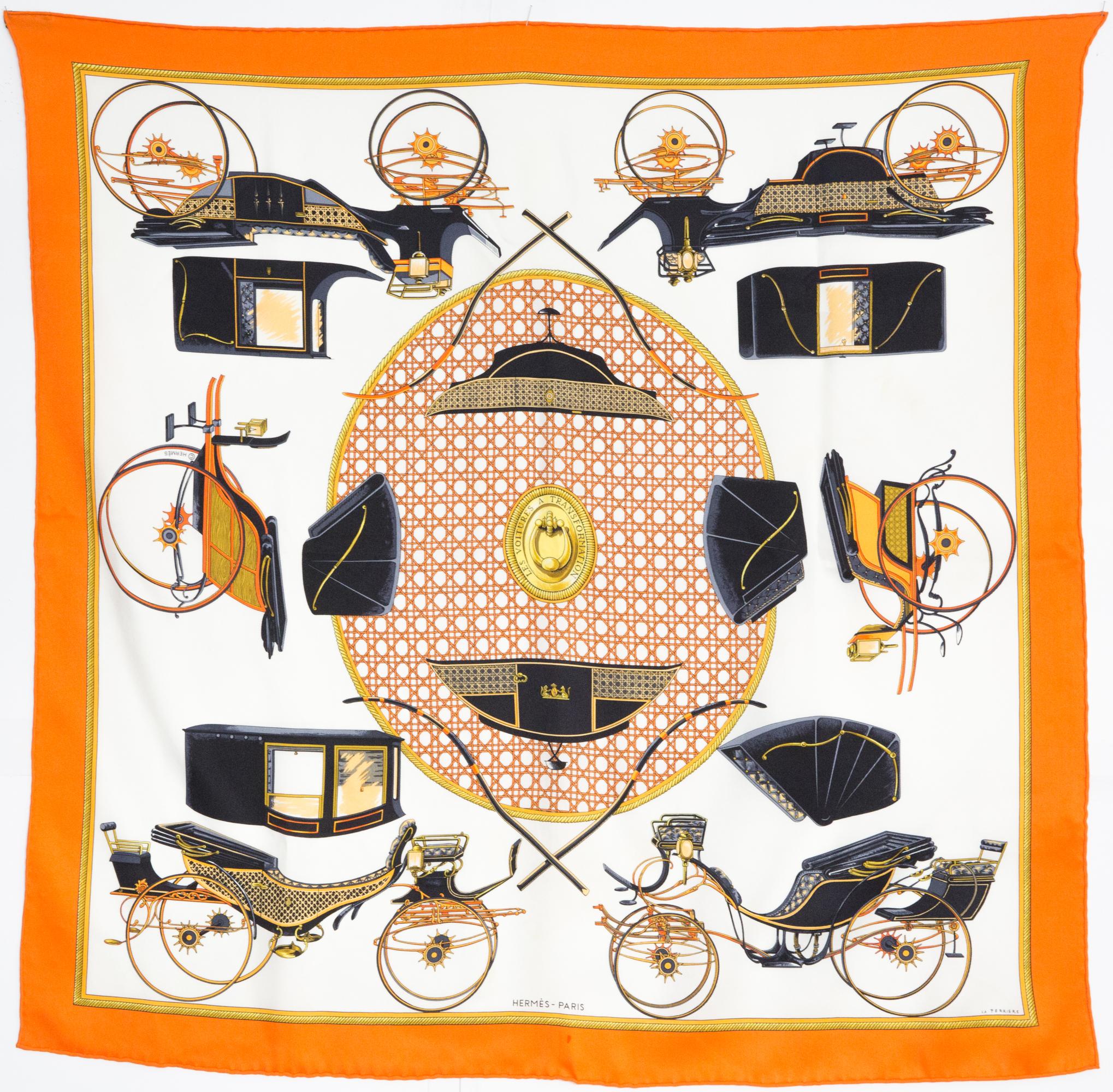 Hermes Les Voitures A Transformation by F. de la Perriere Silk Scarf 70cm For Sale 2