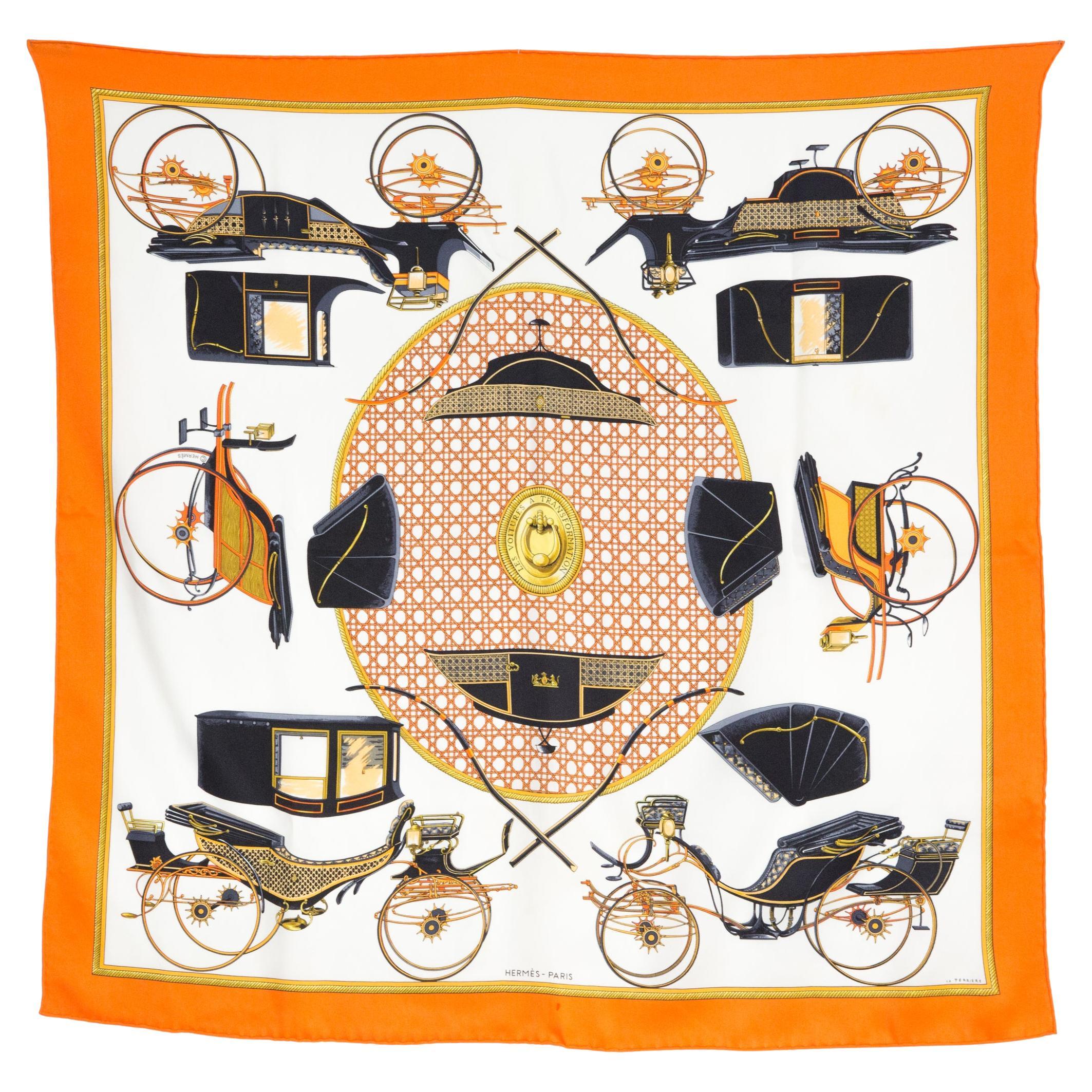 Hermes Les Voitures A Transformation by F. de la Perriere Silk Scarf 70cm For Sale