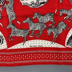 HERMES Les Zebres by Robert Dallet Red Black White Cashmere Silk Bandana Scarf