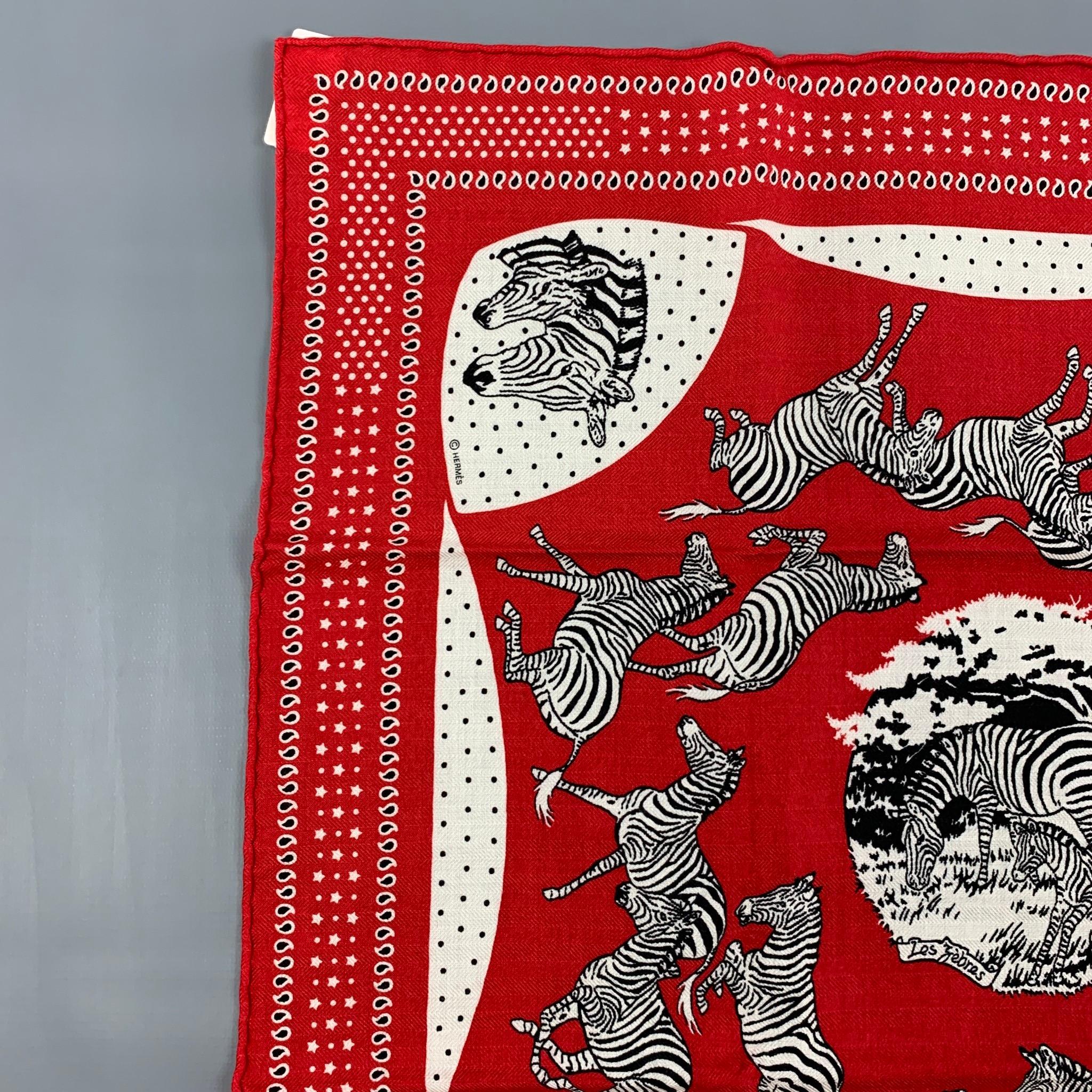 HERMES Les Zebres by Robert Dallet Red Black White Cashmere Silk Bandana Scarf In Excellent Condition In San Francisco, CA