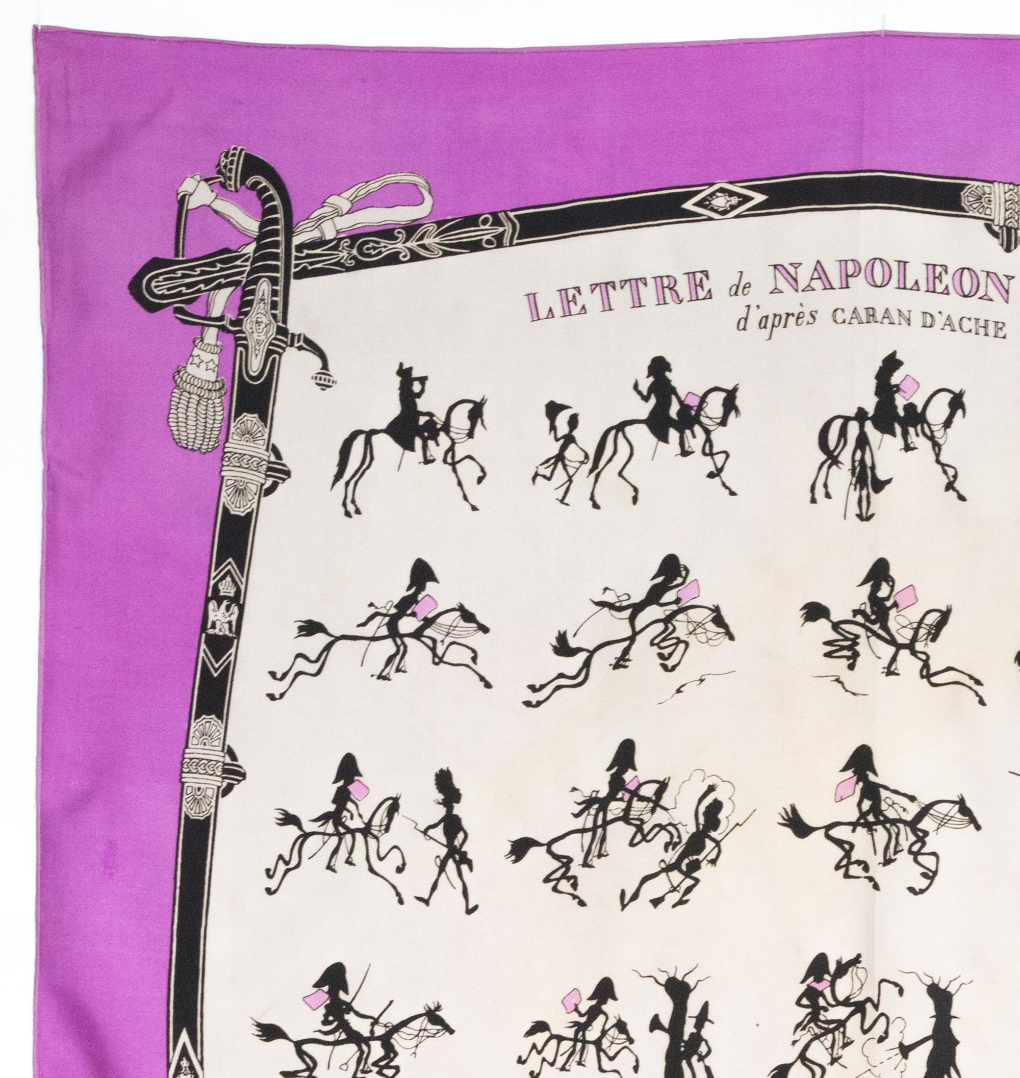 Purple Hermes “Lettre de Napoleon a Murat » by H. Grygkar Silk Scarf For Sale
