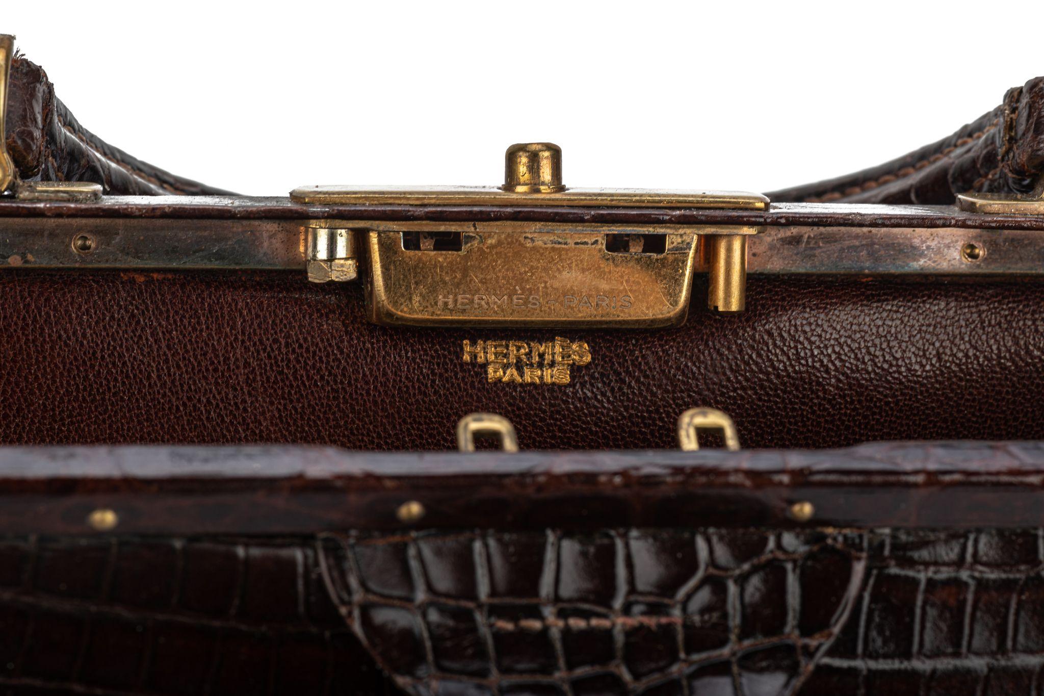 Hermes LG Vintage Brown Croc Doctor Bag For Sale 5