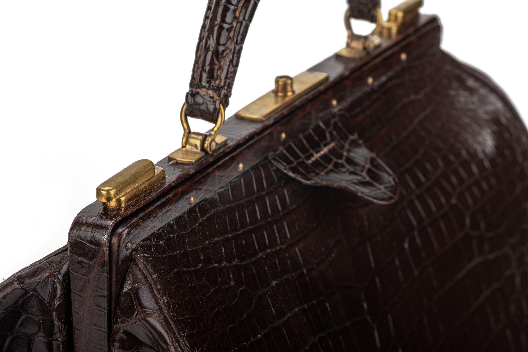 Black Hermes LG Vintage Brown Croc Doctor Bag For Sale