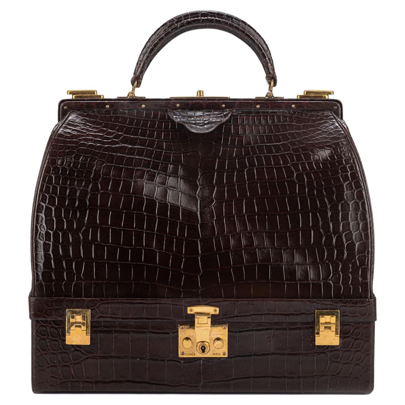 Hermes LG Vintage Brown Croc Doctor Bag
